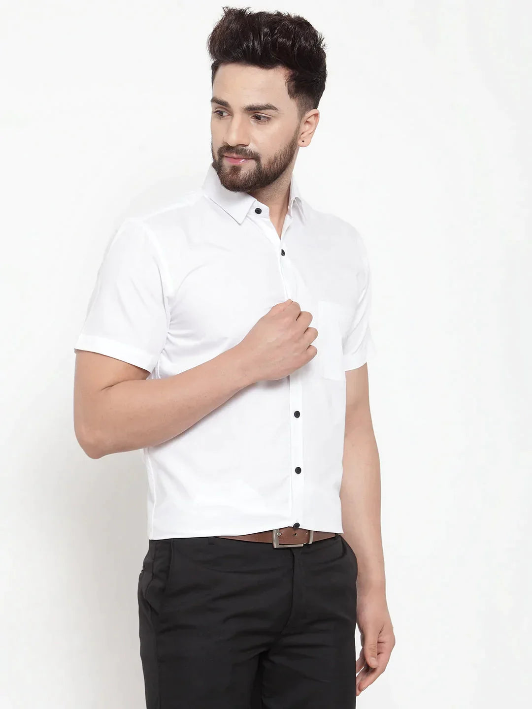 Men's White Cotton Half Sleeves Solid Formal Shirts - Taantav