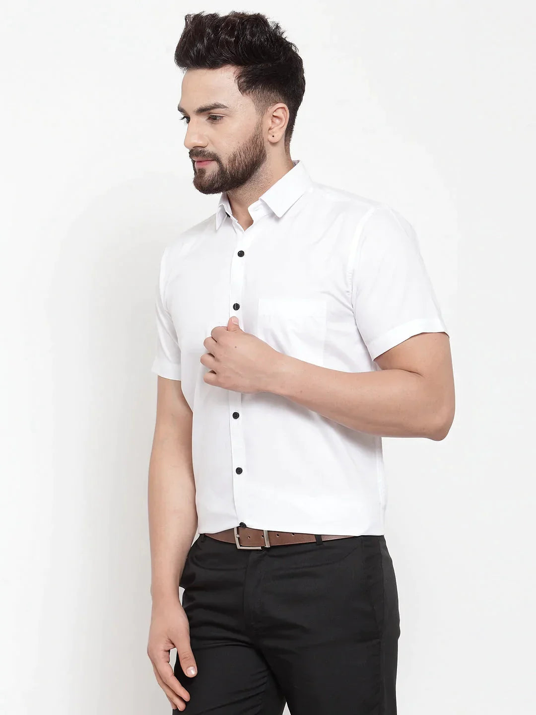 Men's White Cotton Half Sleeves Solid Formal Shirts - Taantav