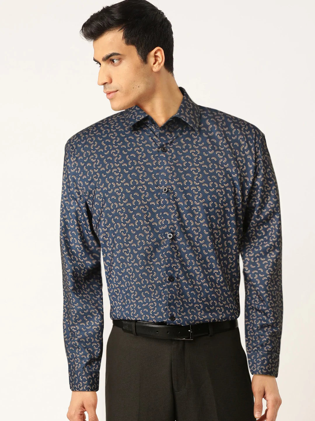 Men's Navy Cotton Printed Formal Shirt's - Taantav