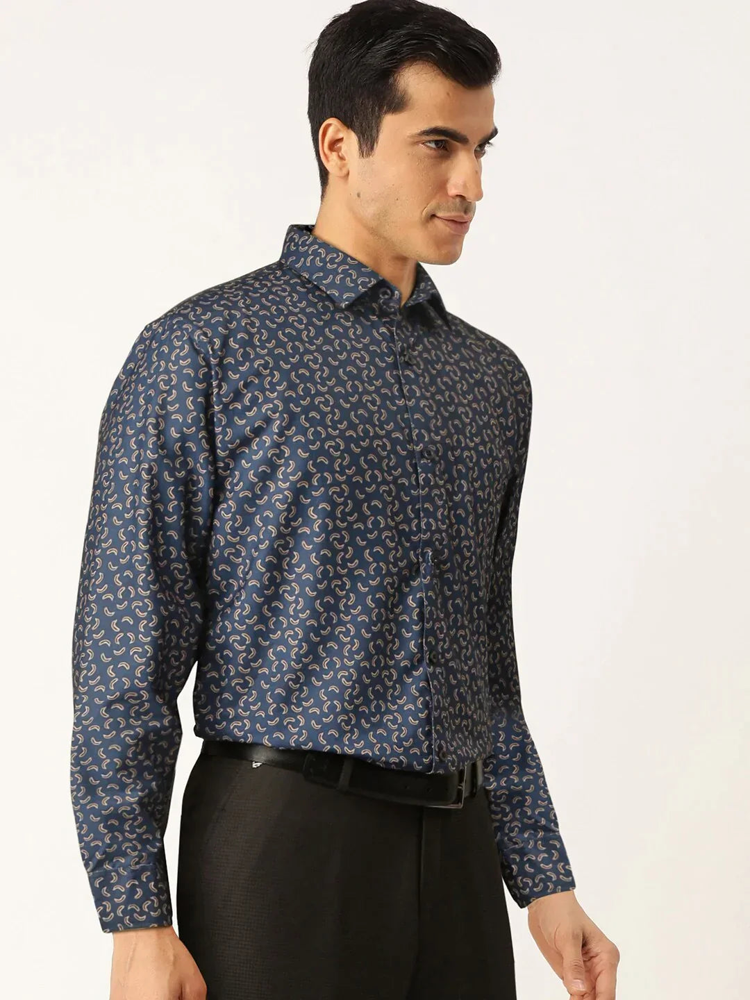 Men's Navy Cotton Printed Formal Shirt's - Taantav