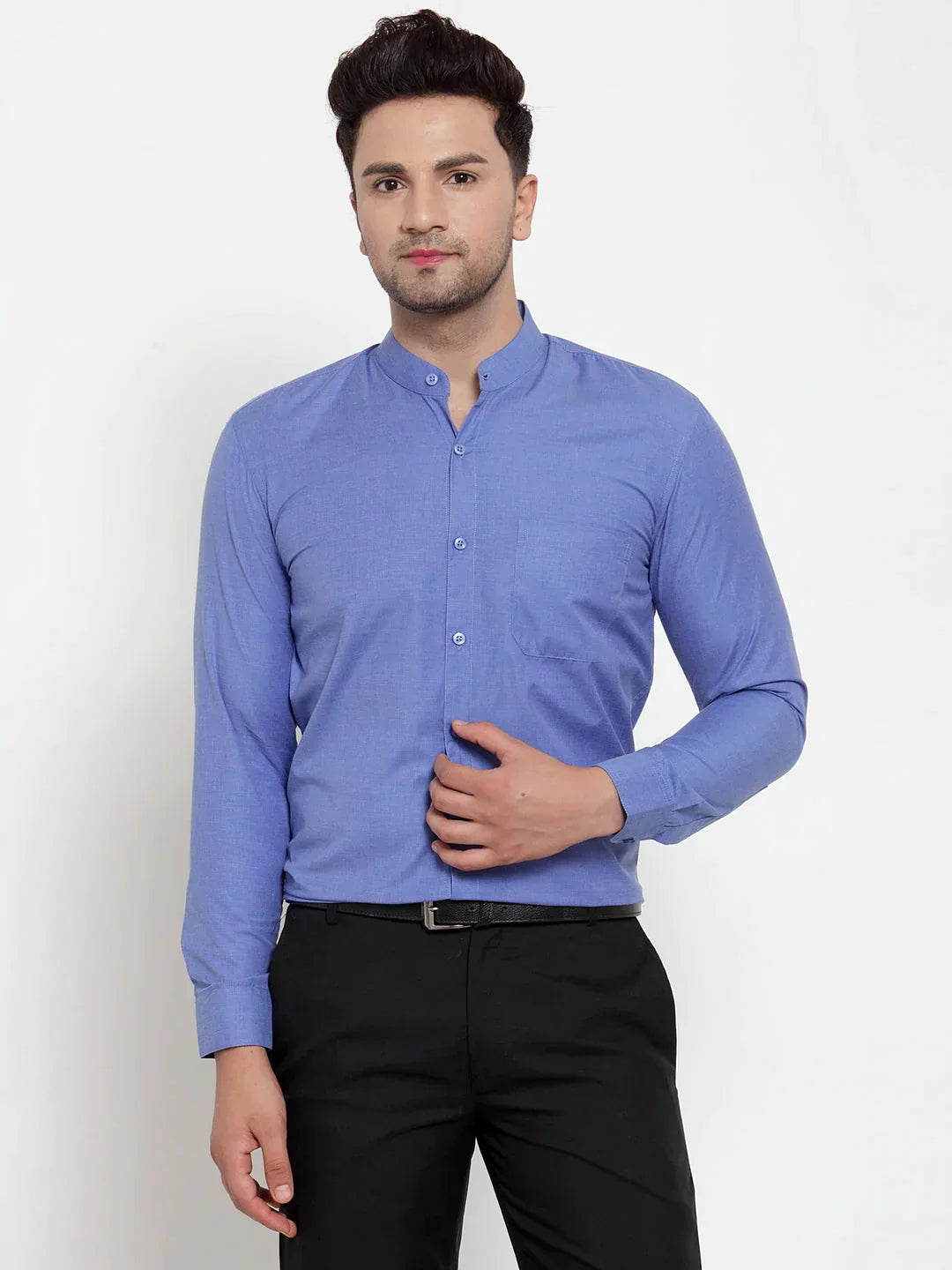 Men's Blue Cotton Solid Mandarin Collar Formal Shirts - Taantav