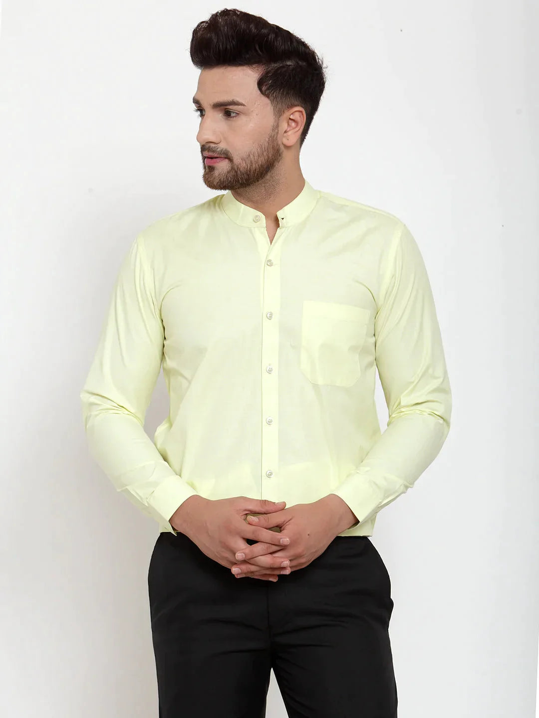 Men's Green Cotton Solid Mandarin Collar Formal Shirts - Taantav