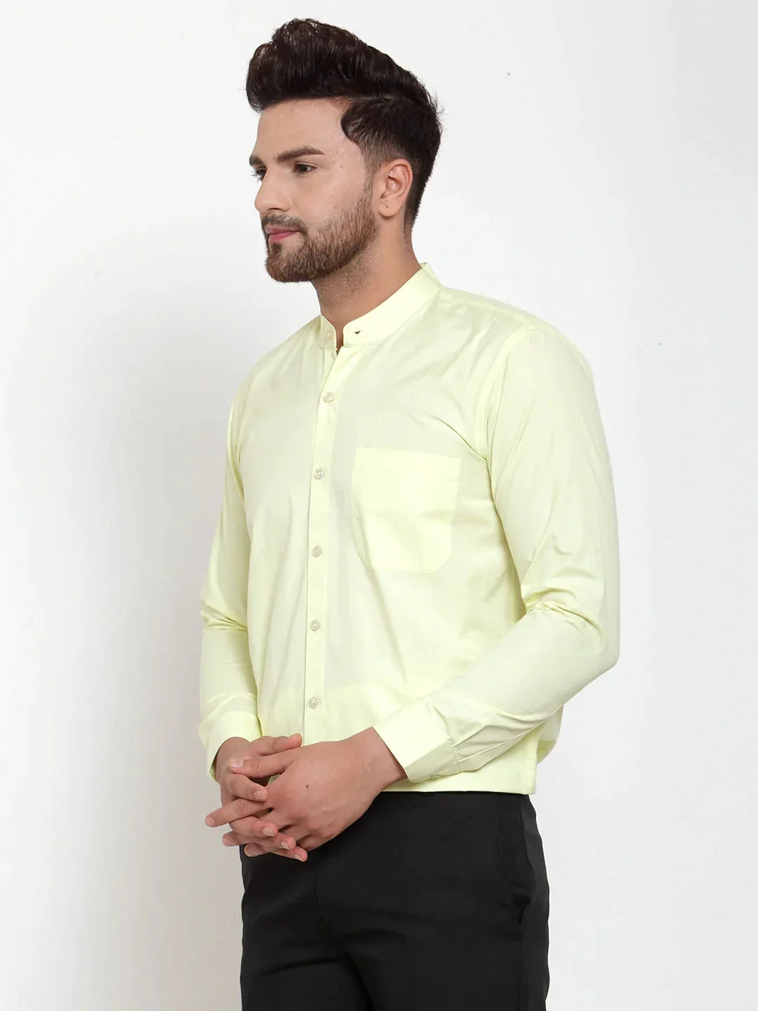 Men's Green Cotton Solid Mandarin Collar Formal Shirts - Taantav