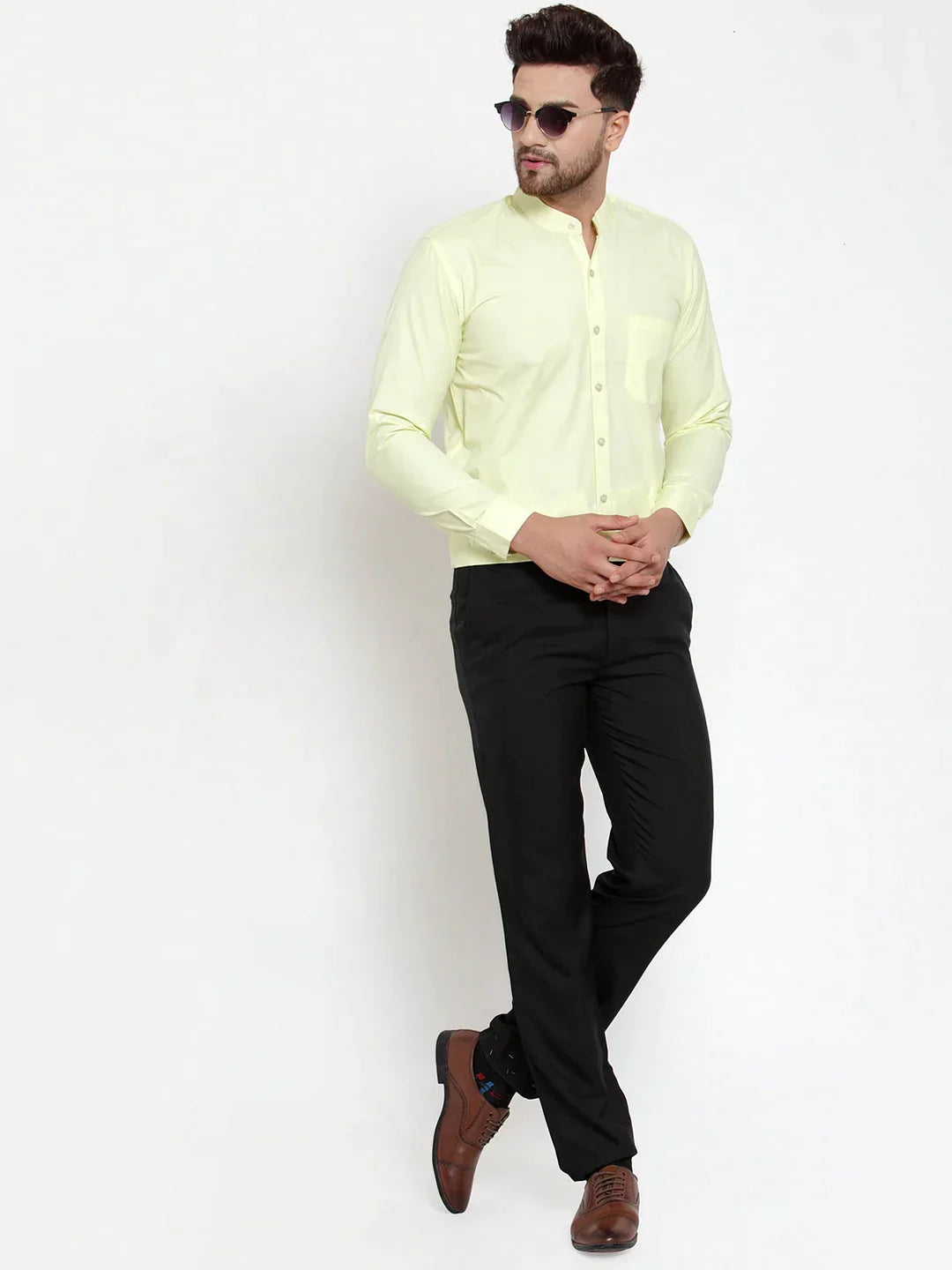 Men's Green Cotton Solid Mandarin Collar Formal Shirts - Taantav