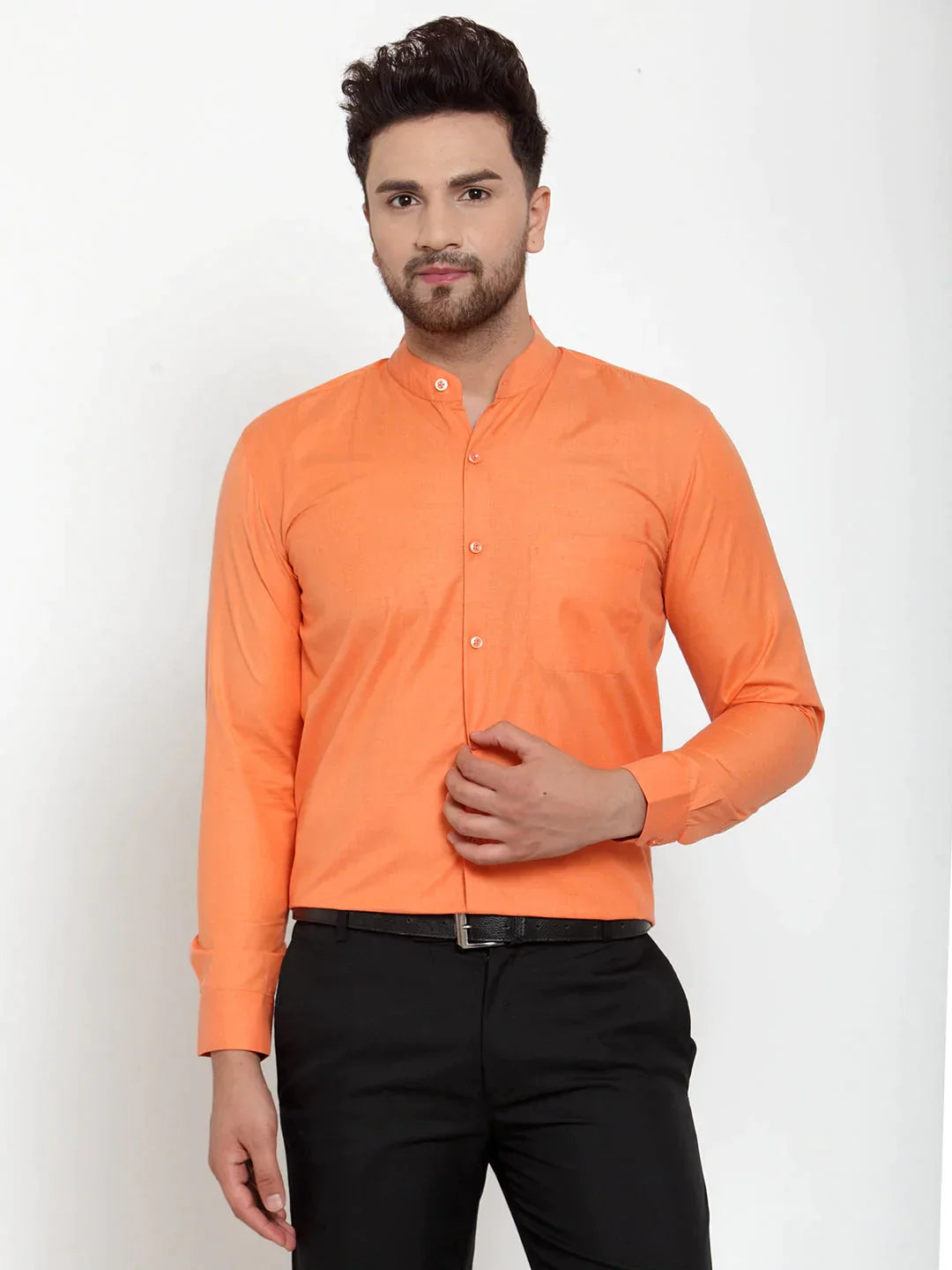 Men's Orange Cotton Solid Mandarin Collar Formal Shirts - Taantav