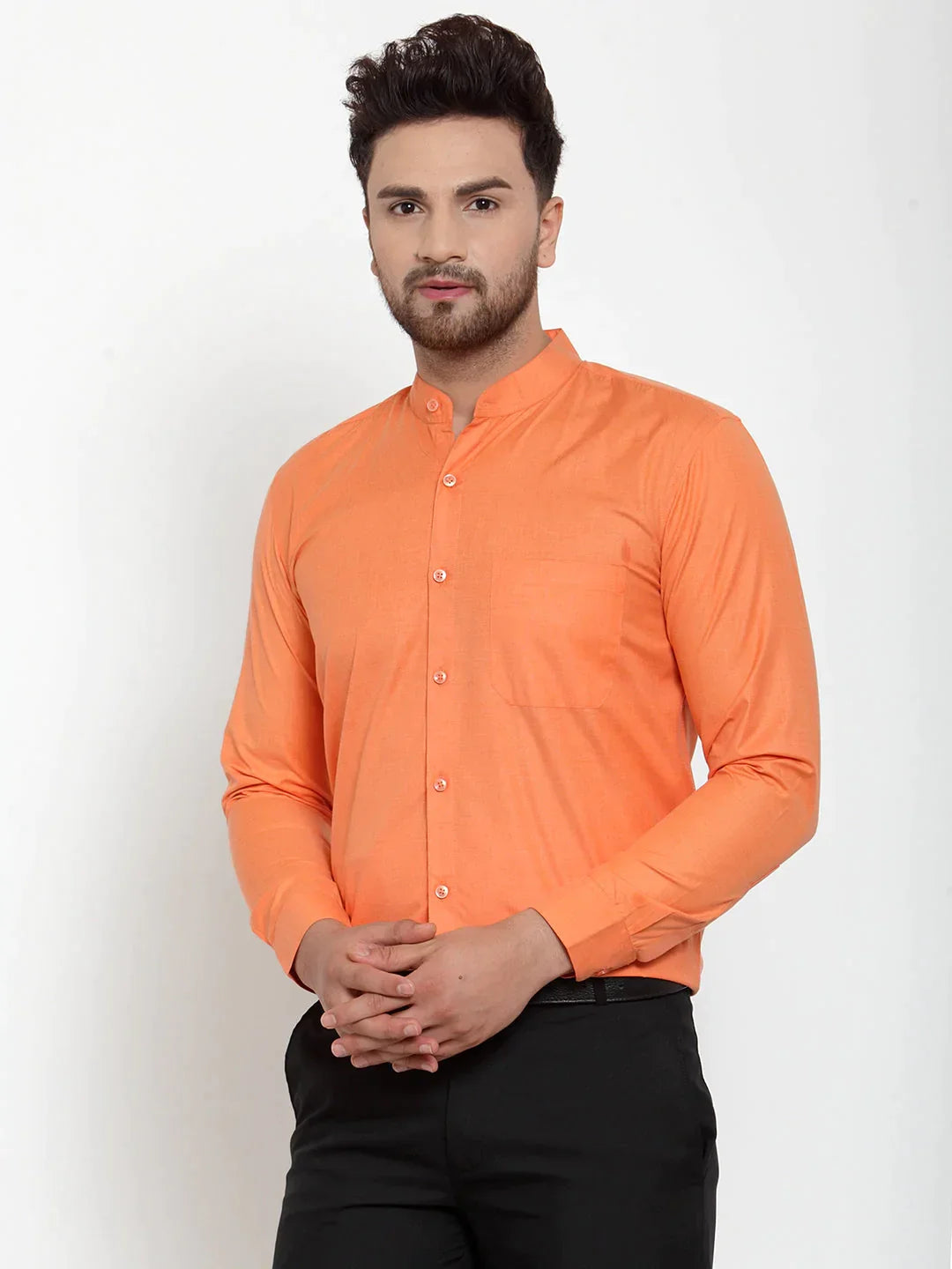 Men's Orange Cotton Solid Mandarin Collar Formal Shirts - Taantav