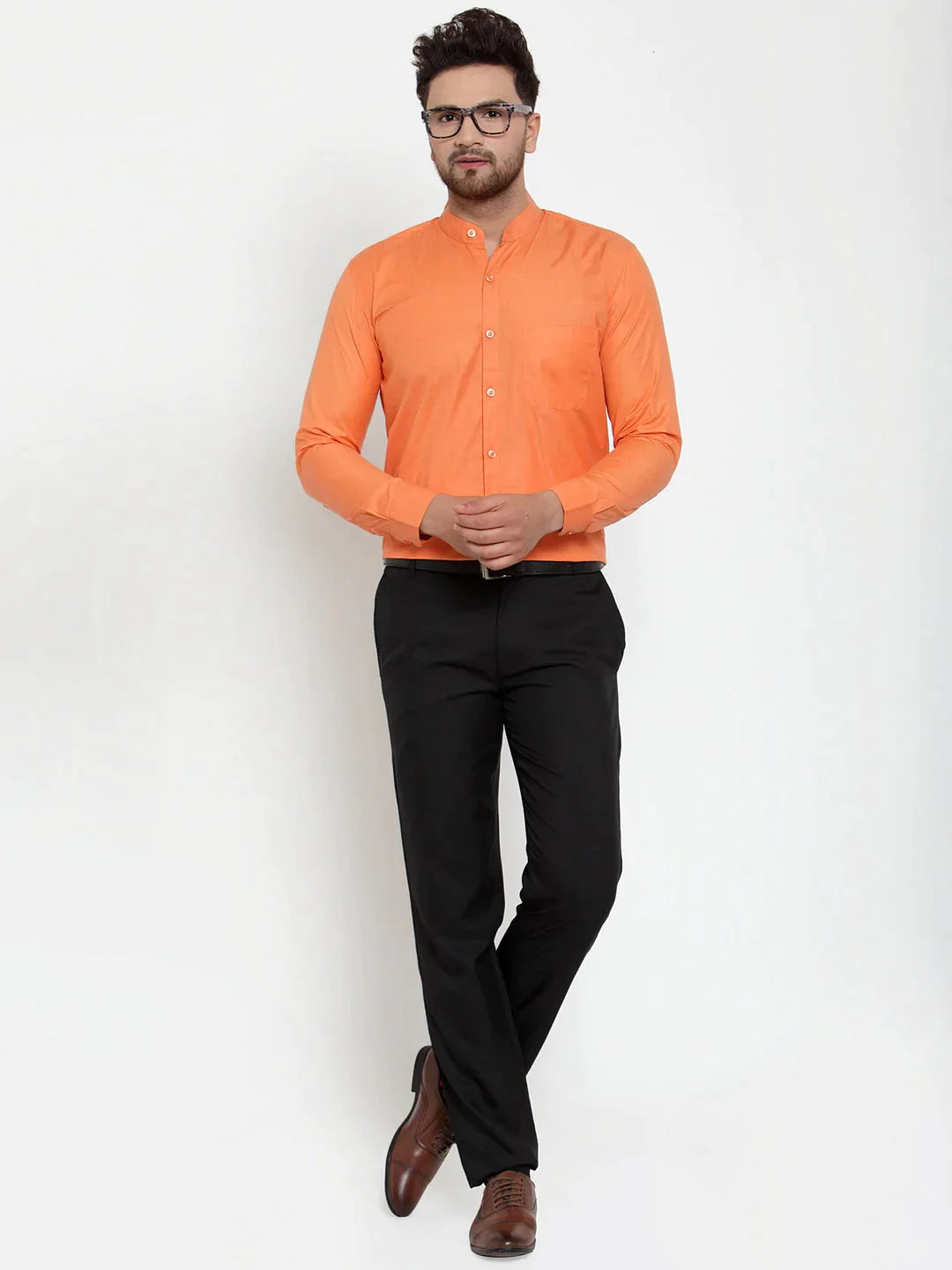 Men's Orange Cotton Solid Mandarin Collar Formal Shirts - Taantav