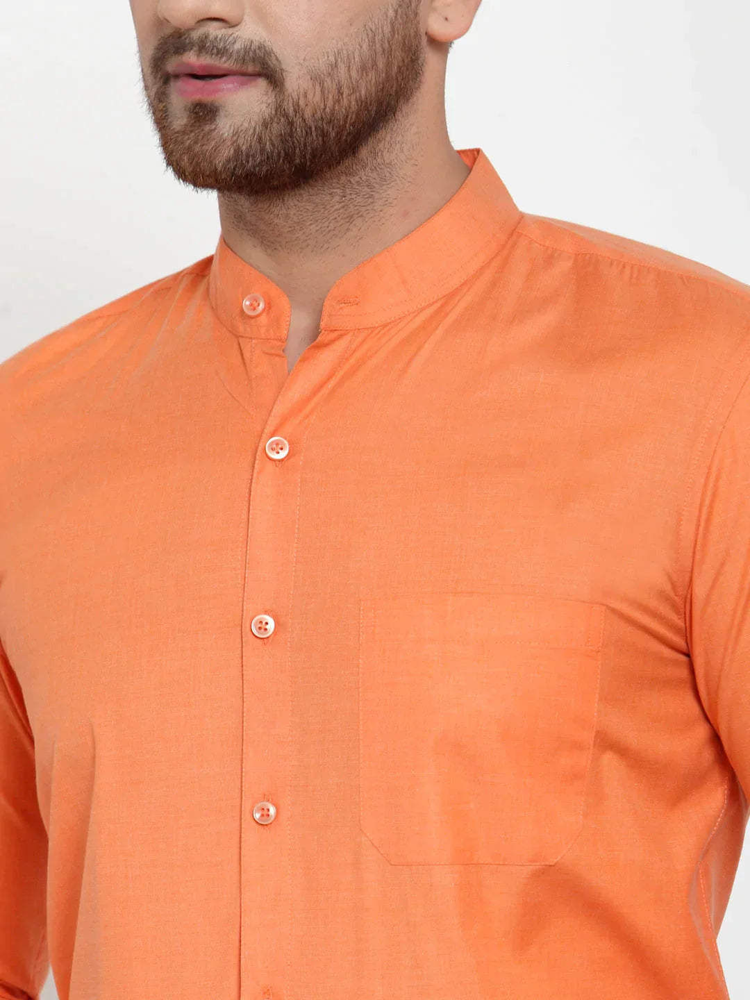 Men's Orange Cotton Solid Mandarin Collar Formal Shirts - Taantav