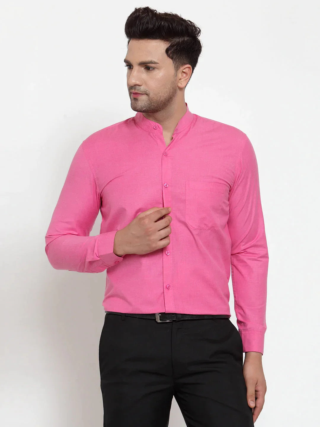 Men's Pink Cotton Solid Mandarin Collar Formal Shirts - Taantav