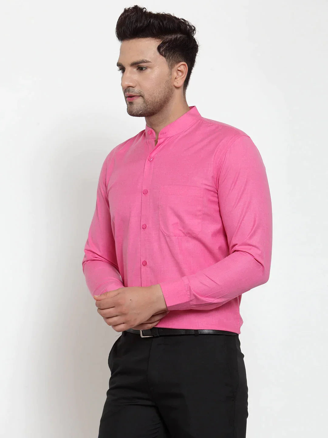 Men's Pink Cotton Solid Mandarin Collar Formal Shirts - Taantav