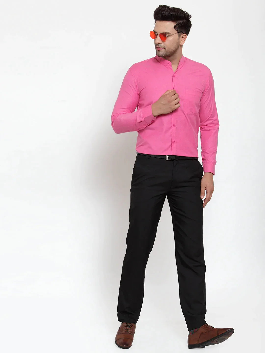 Men's Pink Cotton Solid Mandarin Collar Formal Shirts - Taantav