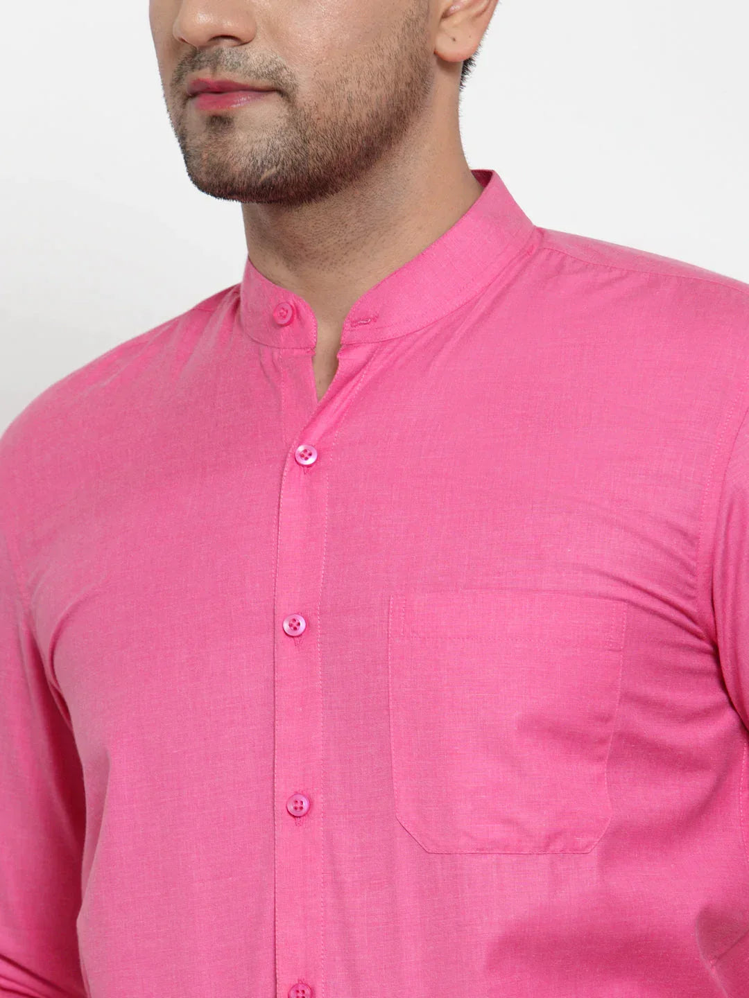 Men's Pink Cotton Solid Mandarin Collar Formal Shirts - Taantav