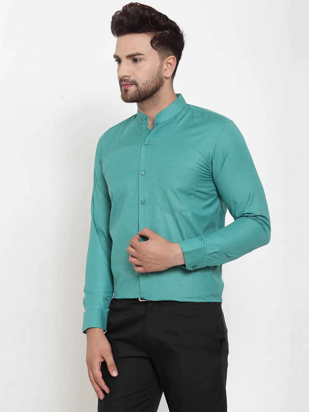 Men's Green Cotton Solid Mandarin Collar Formal Shirts - Taantav