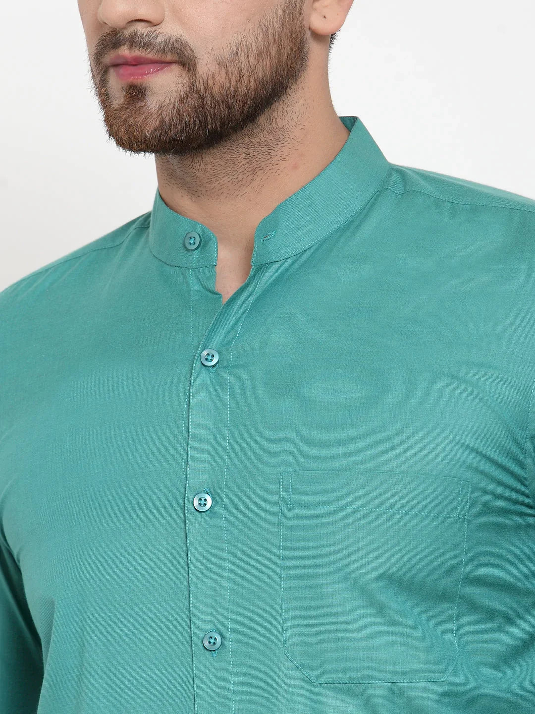 Men's Green Cotton Solid Mandarin Collar Formal Shirts - Taantav