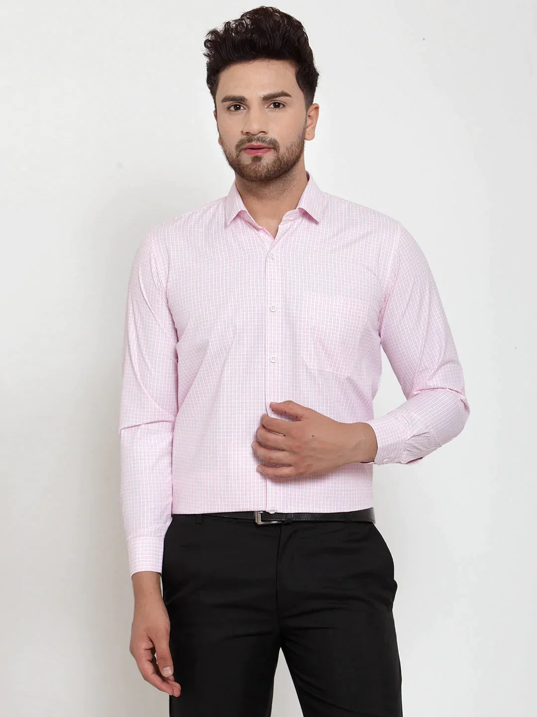 Men's Pink Cotton Checked Formal Shirt's - Taantav