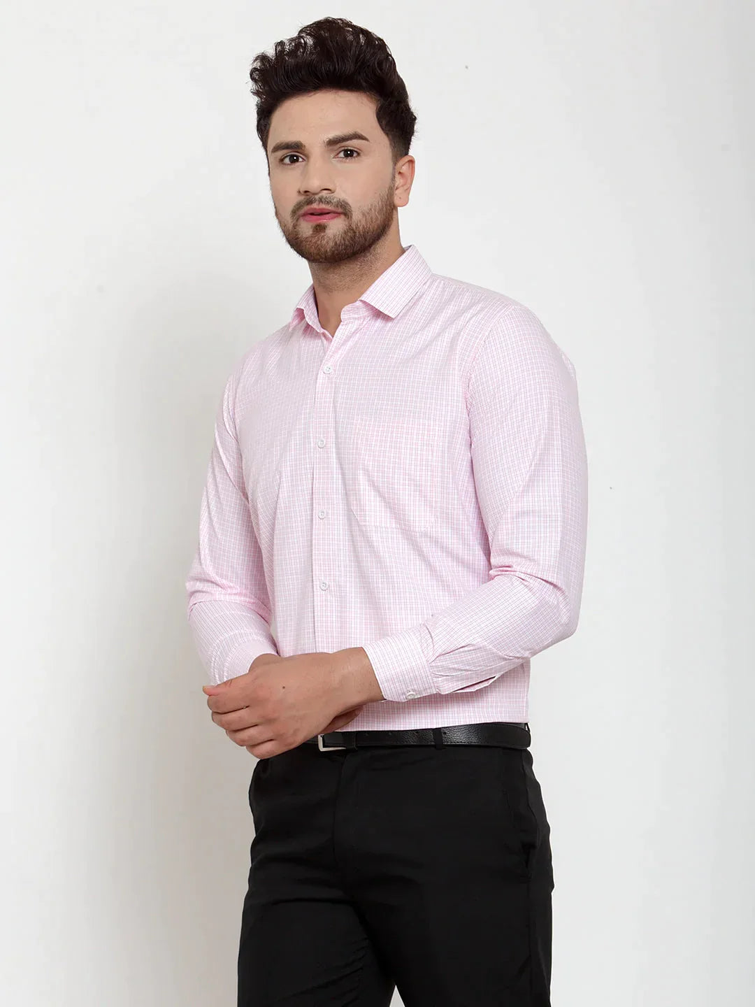 Men's Pink Cotton Checked Formal Shirt's - Taantav