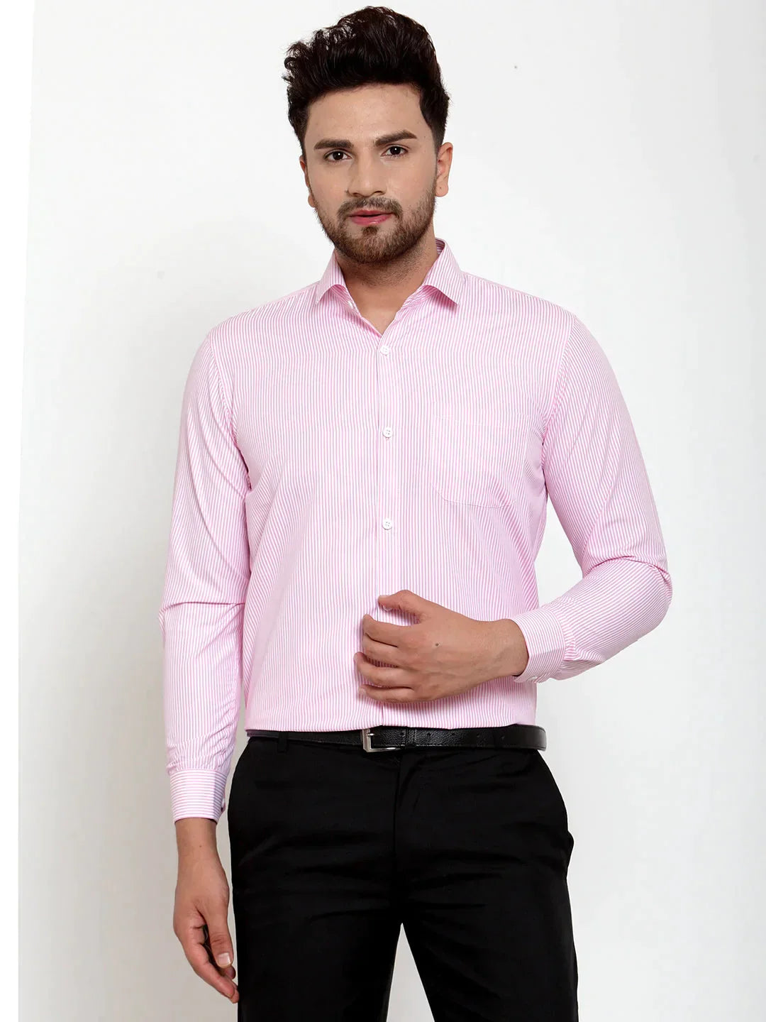 Men's Pink Cotton Striped Formal Shirt's - Taantav