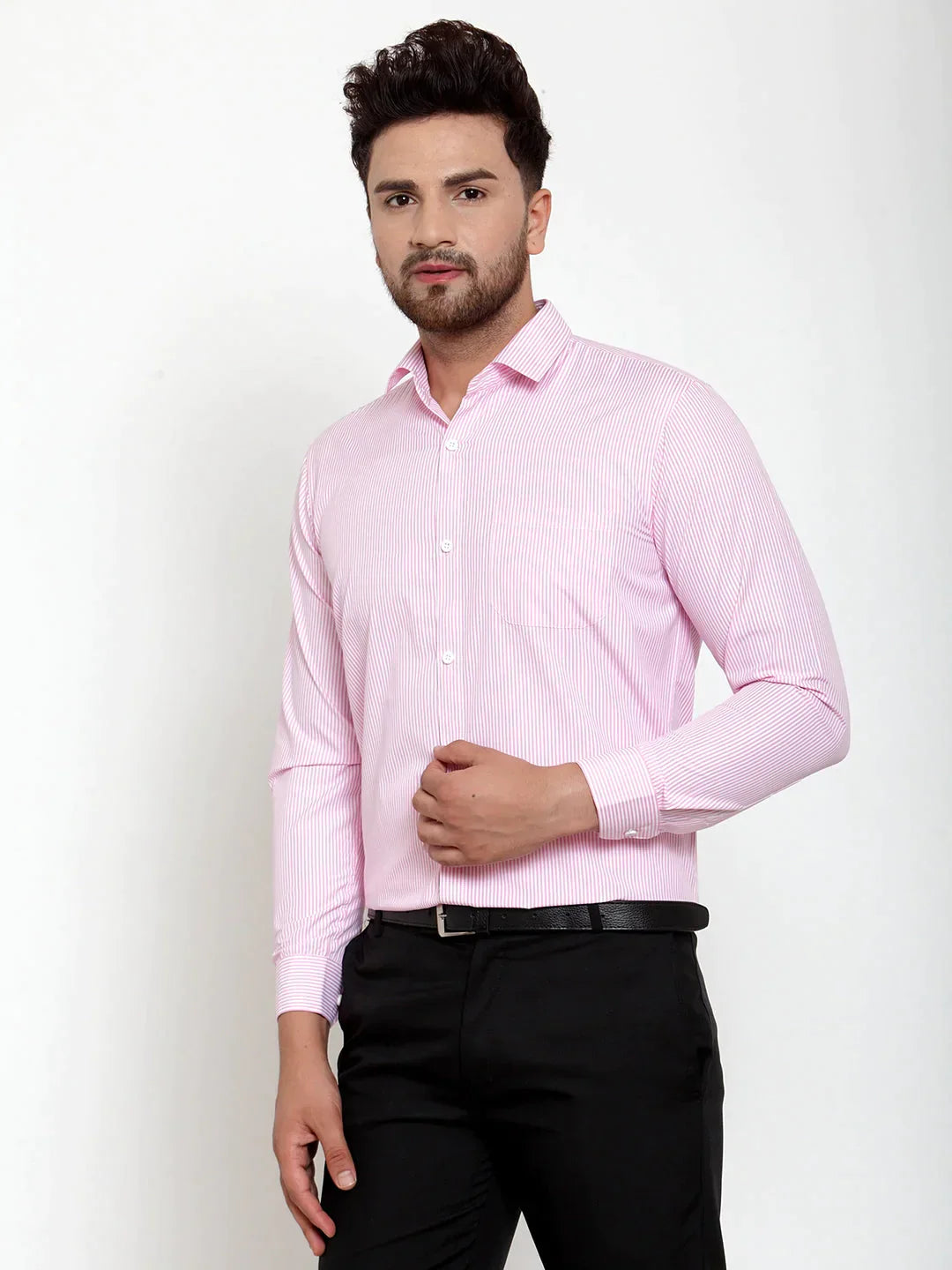 Men's Pink Cotton Striped Formal Shirt's - Taantav