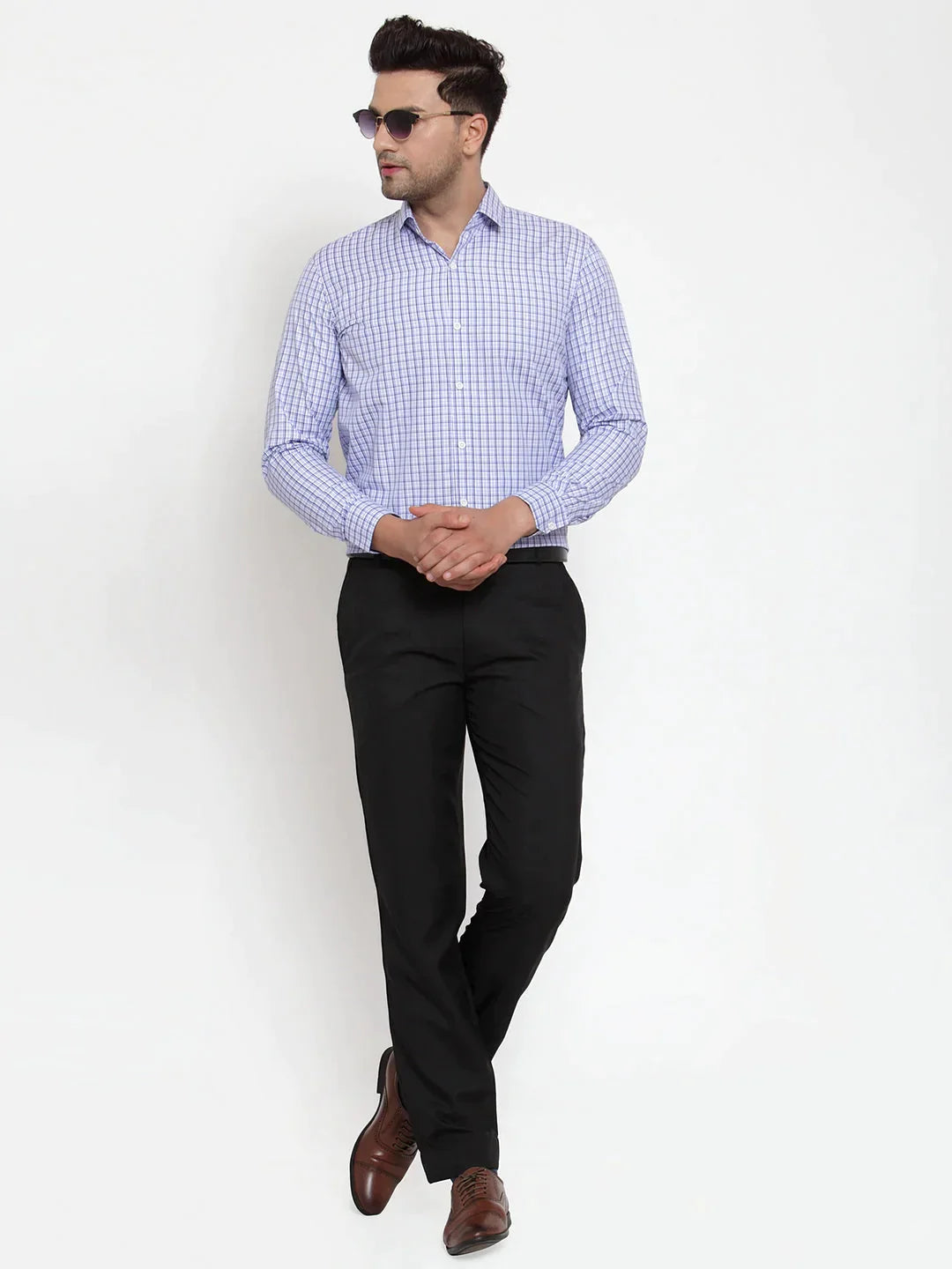 Men's Blue Cotton Checked Formal Shirt's - Taantav