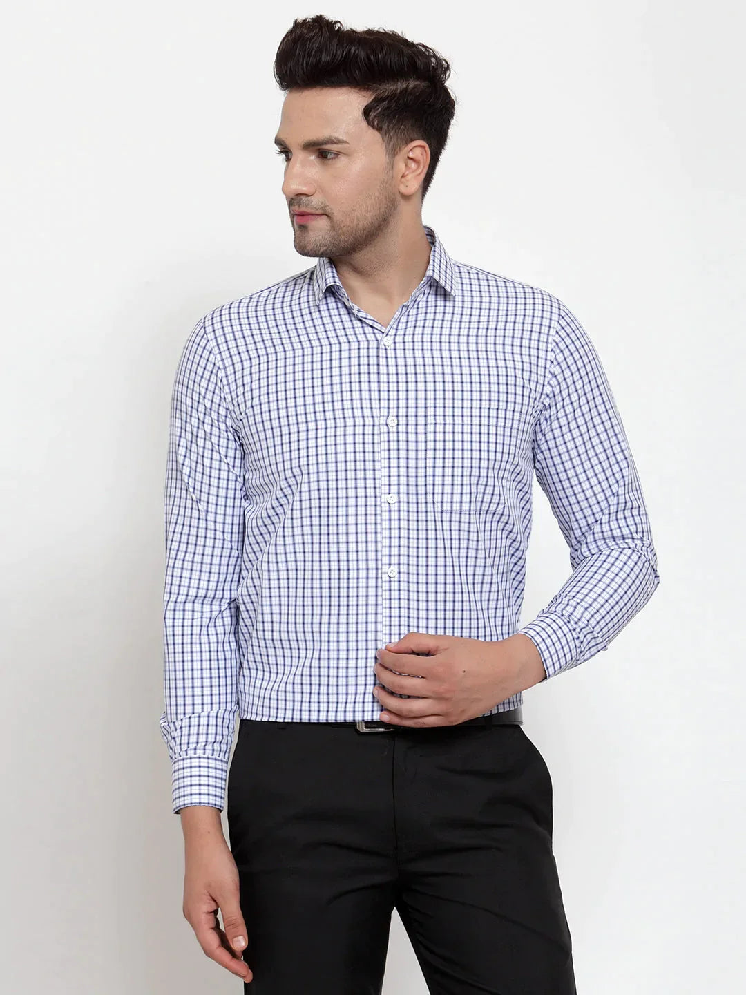 Men's Blue Cotton Checked Formal Shirt's - Taantav