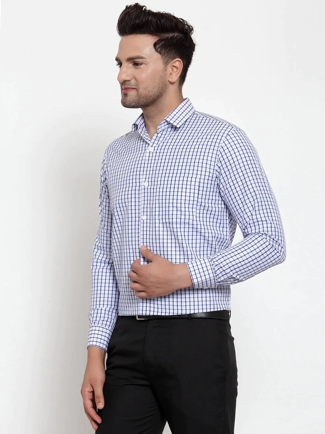 Men's Blue Cotton Checked Formal Shirt's - Taantav