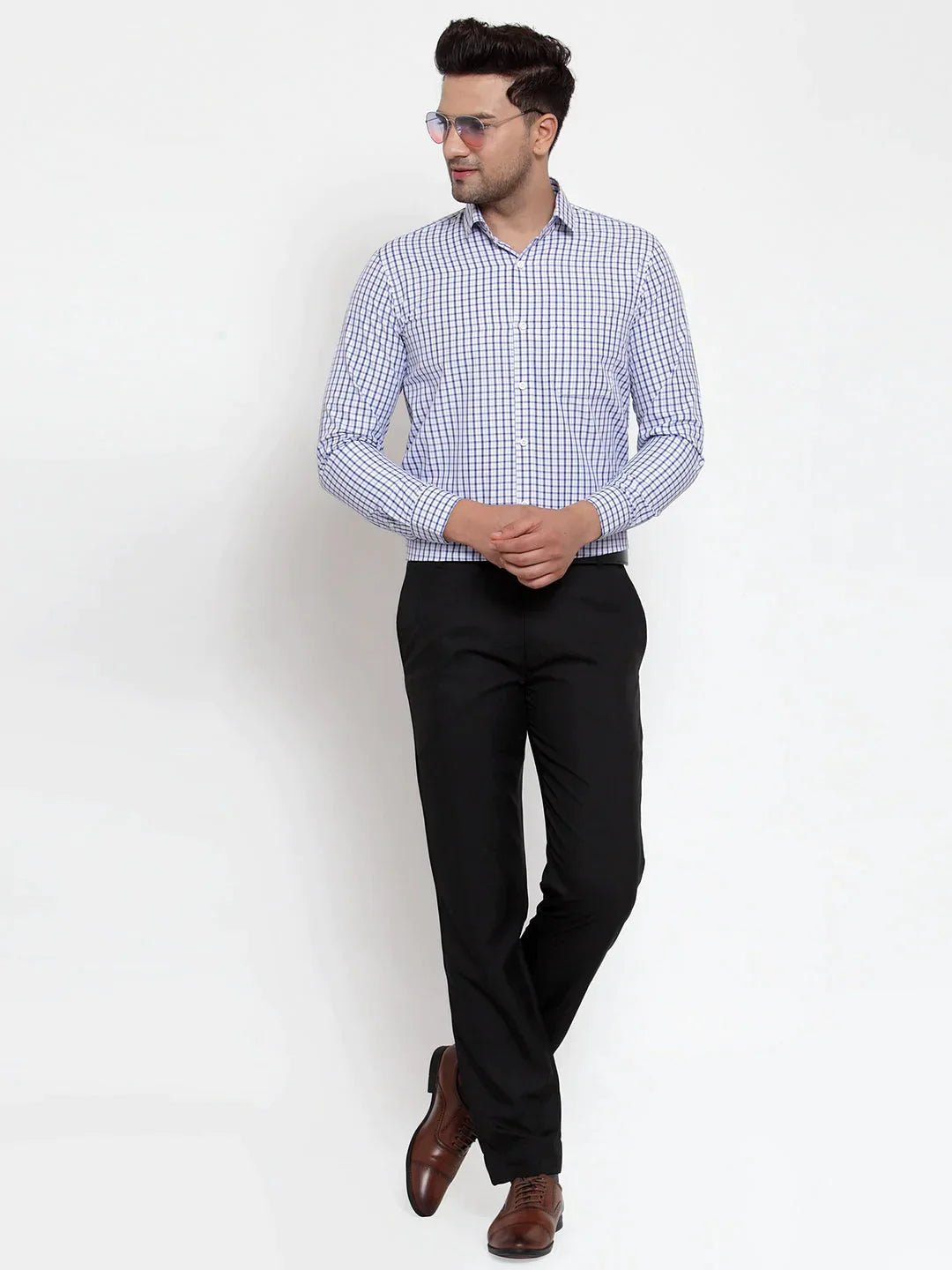 Men's Blue Cotton Checked Formal Shirt's - Taantav