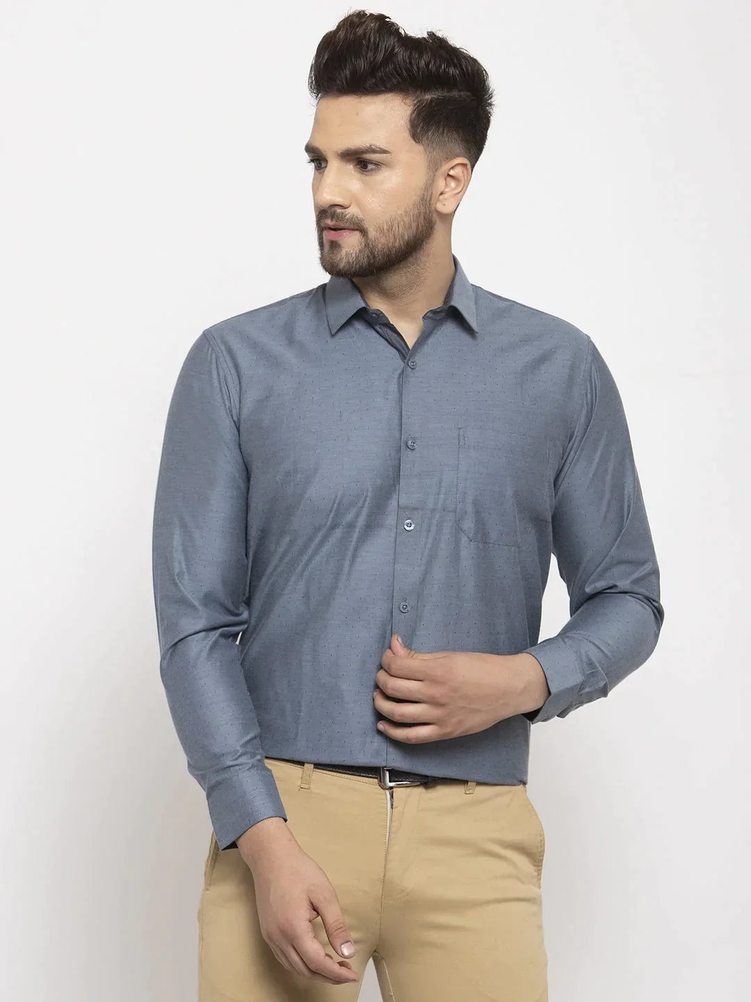 Men's Grey Cotton Polka Dots Formal Shirt's - Taantav