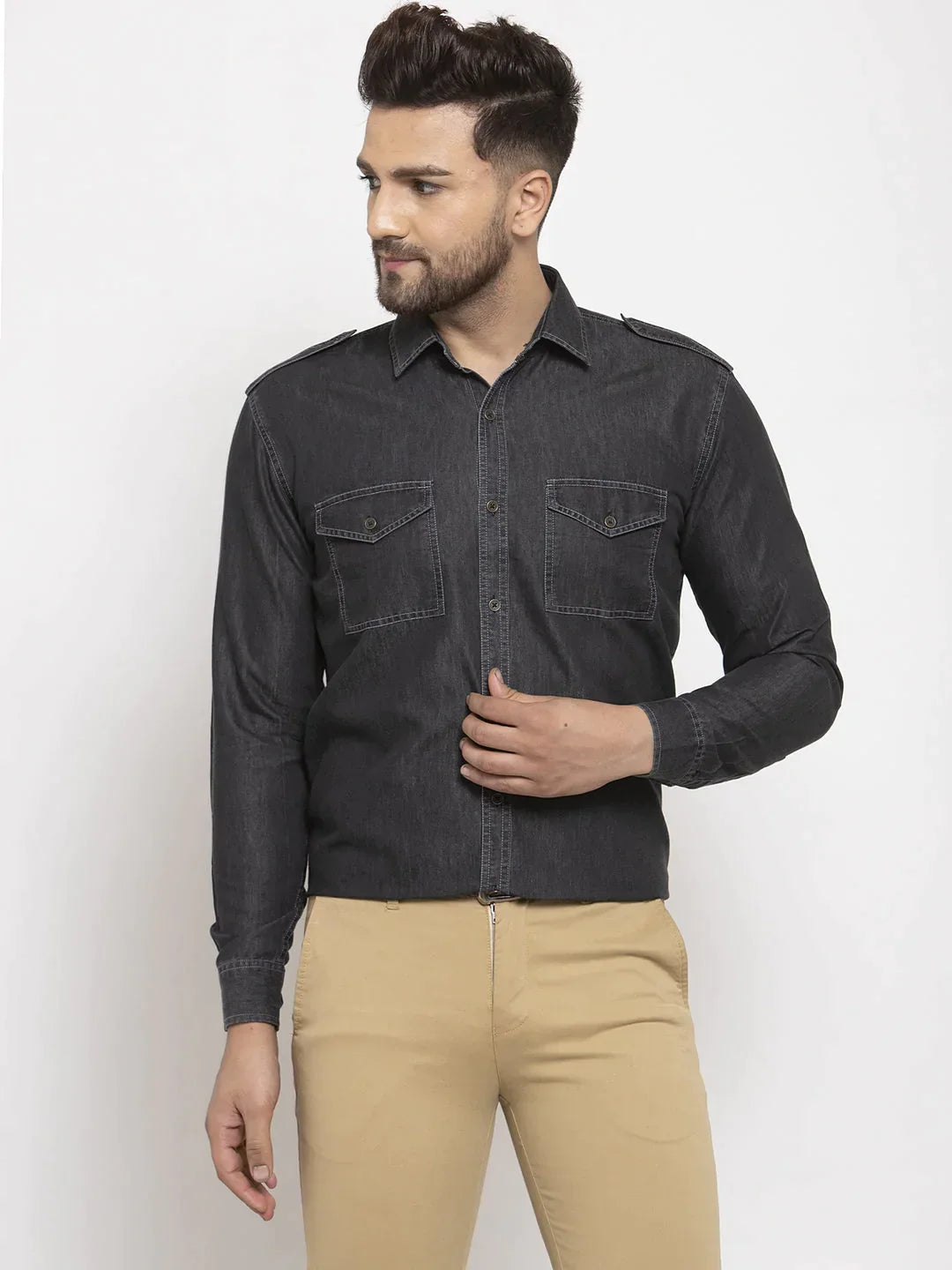 Men's Black Denim Solid Formal Shirt's - Taantav