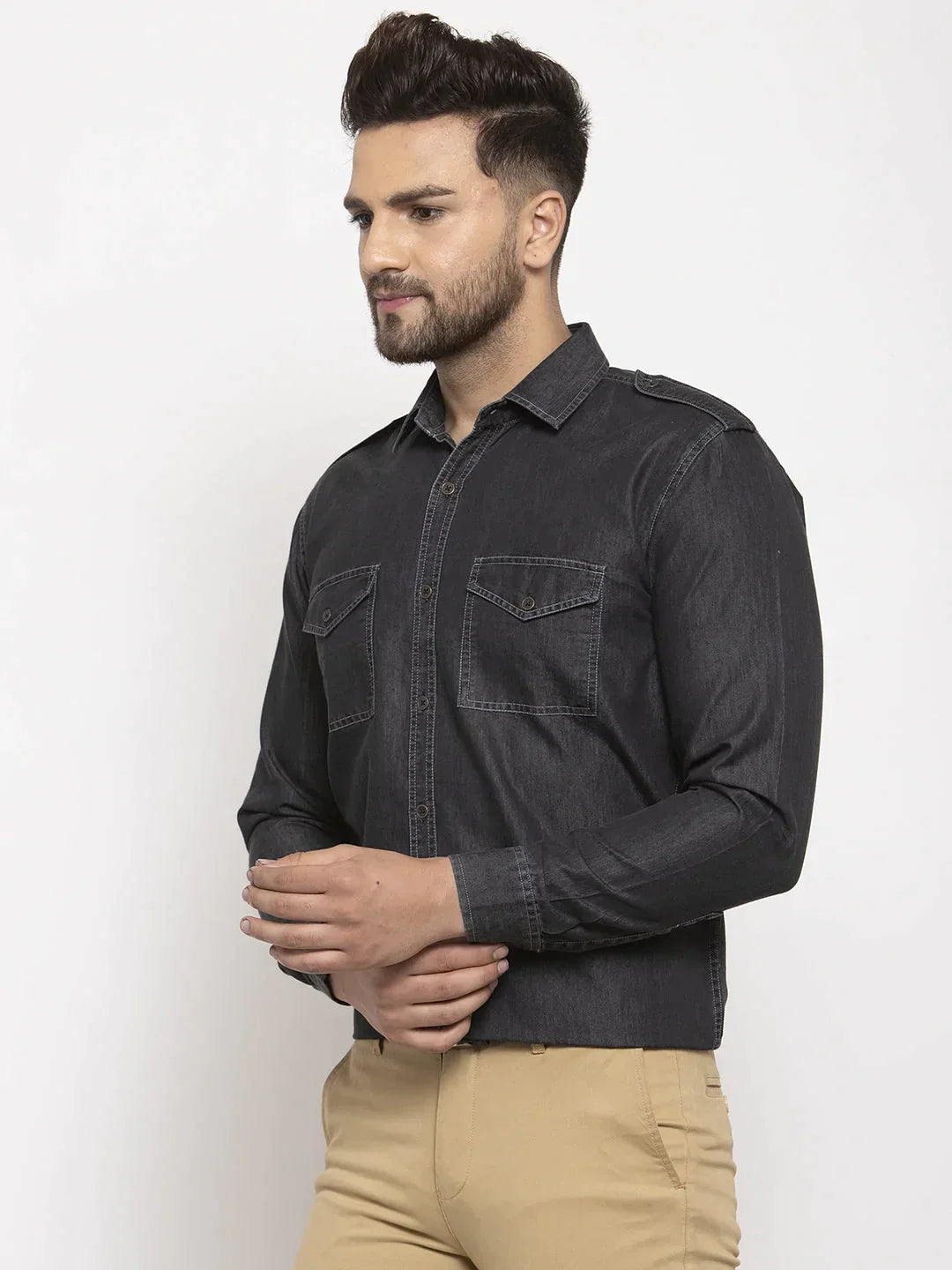 Men's Black Denim Solid Formal Shirt's - Taantav