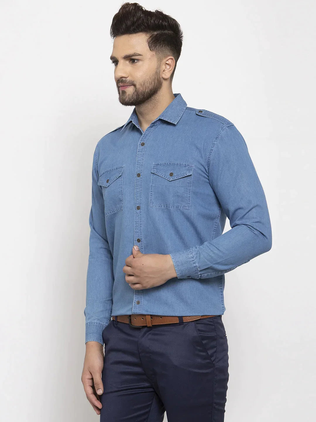 Men's Blue Denim Solid Formal Shirt's - Taantav