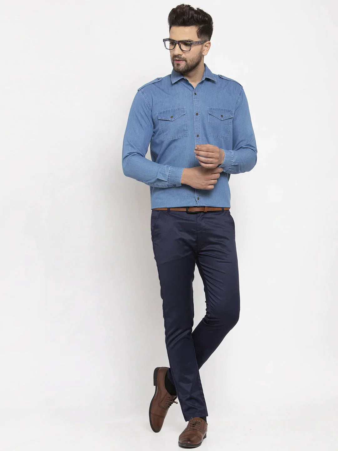 Men's Blue Denim Solid Formal Shirt's - Taantav