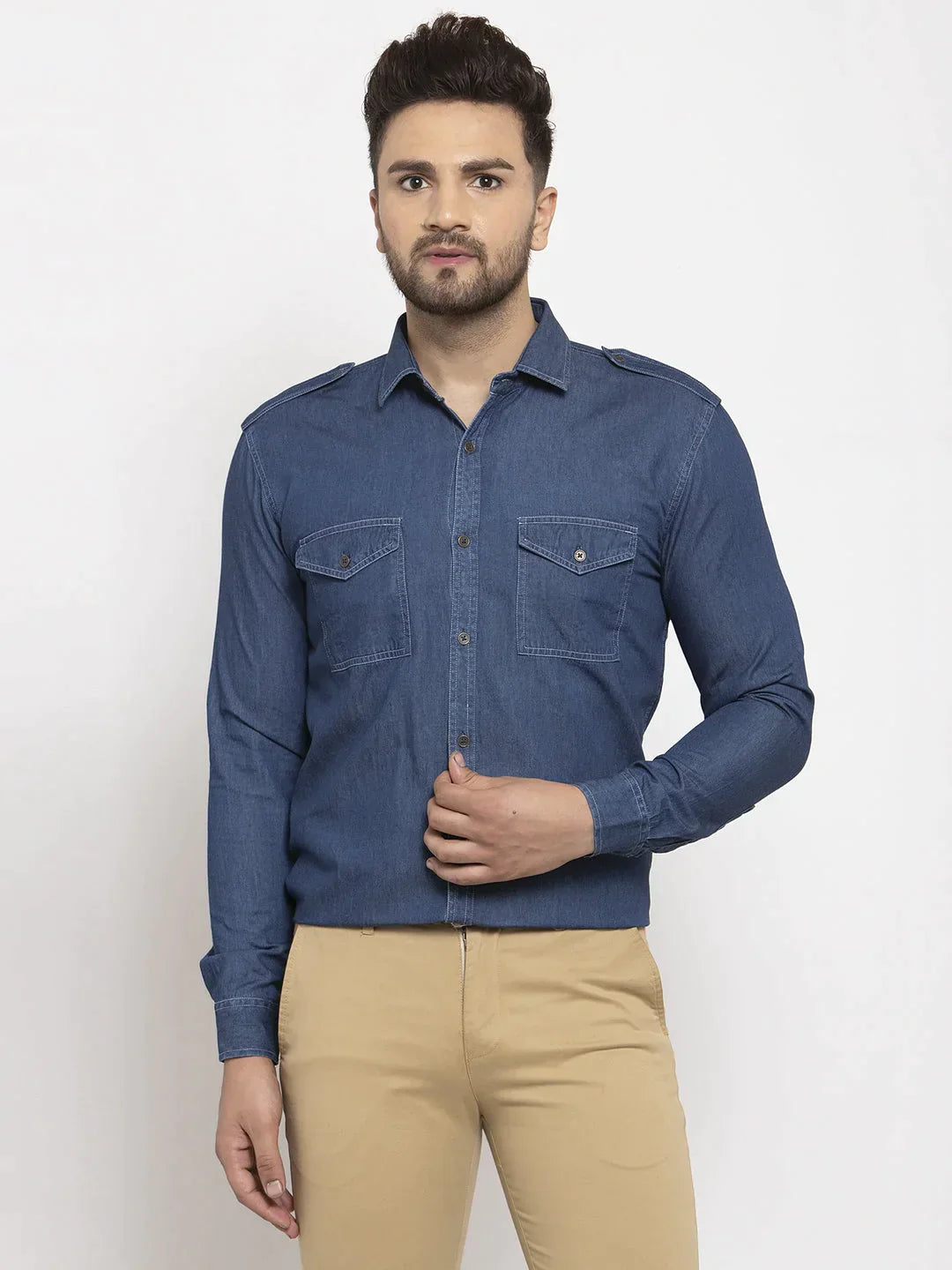 Men's Navy Denim Solid Formal Shirt's - Taantav