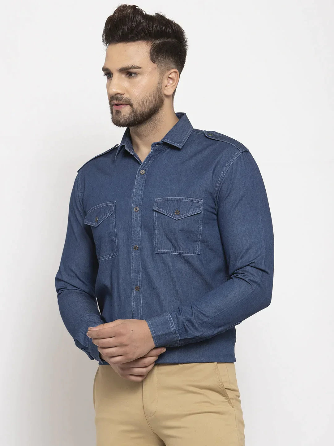 Men's Navy Denim Solid Formal Shirt's - Taantav