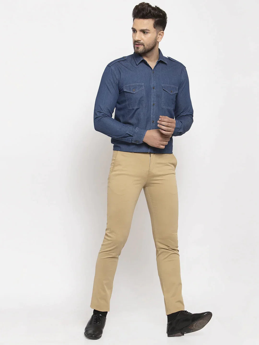 Men's Navy Denim Solid Formal Shirt's - Taantav