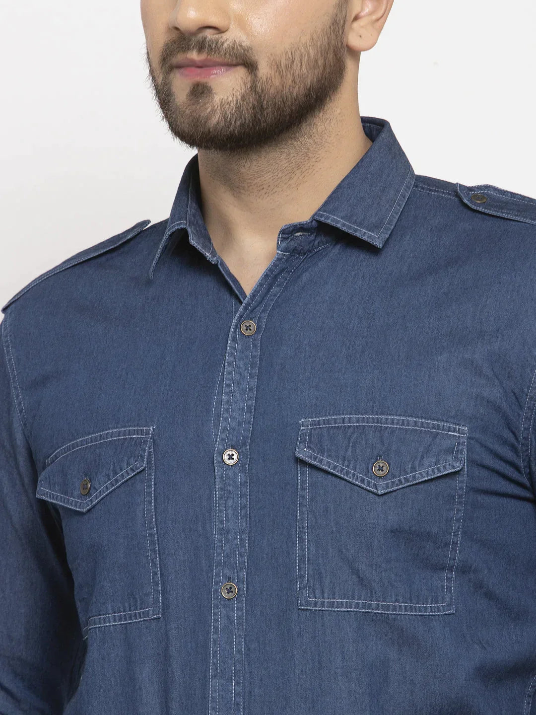 Men's Navy Denim Solid Formal Shirt's - Taantav