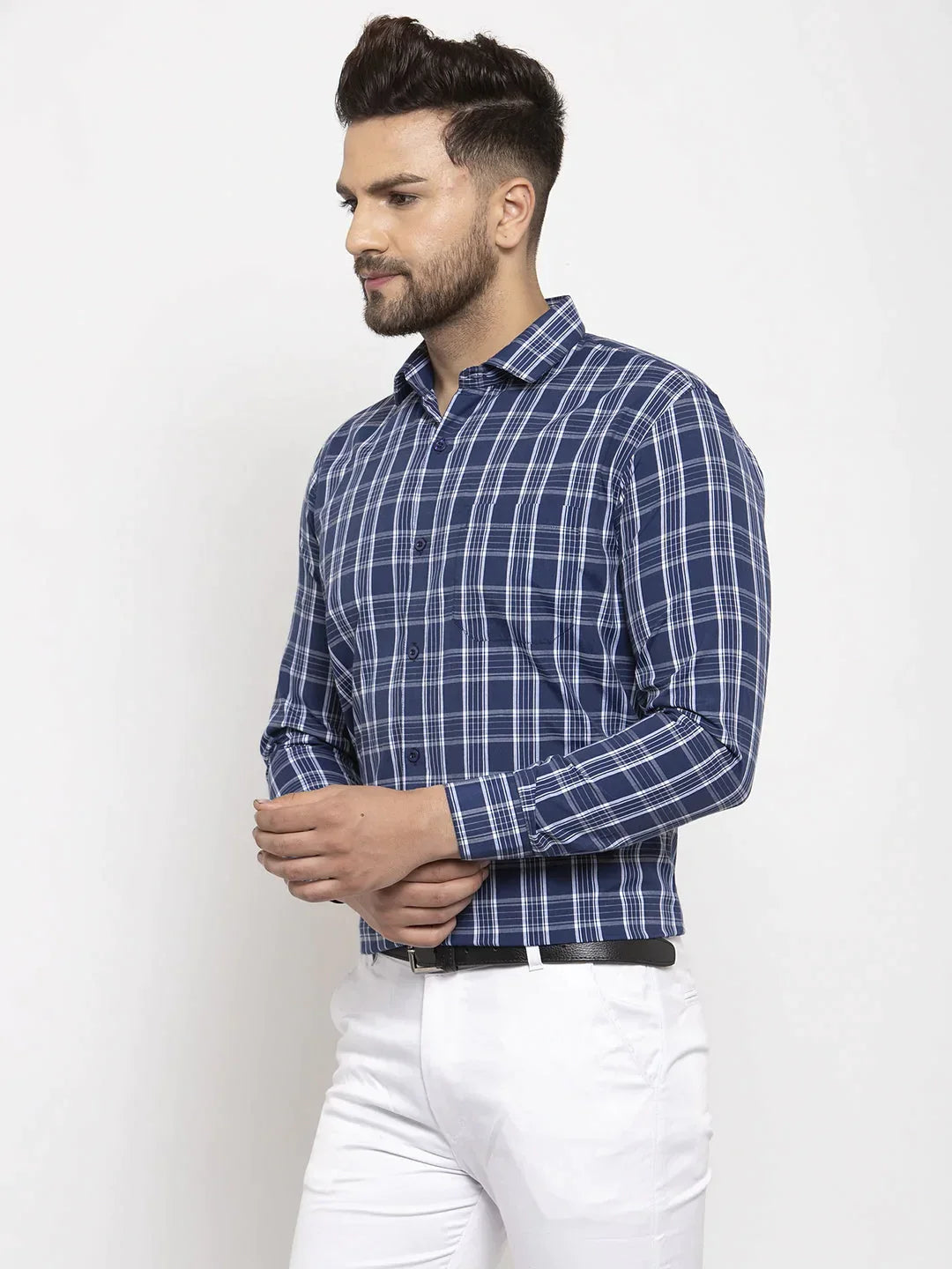 Men's Blue Cotton Checked Formal Shirt's - Taantav