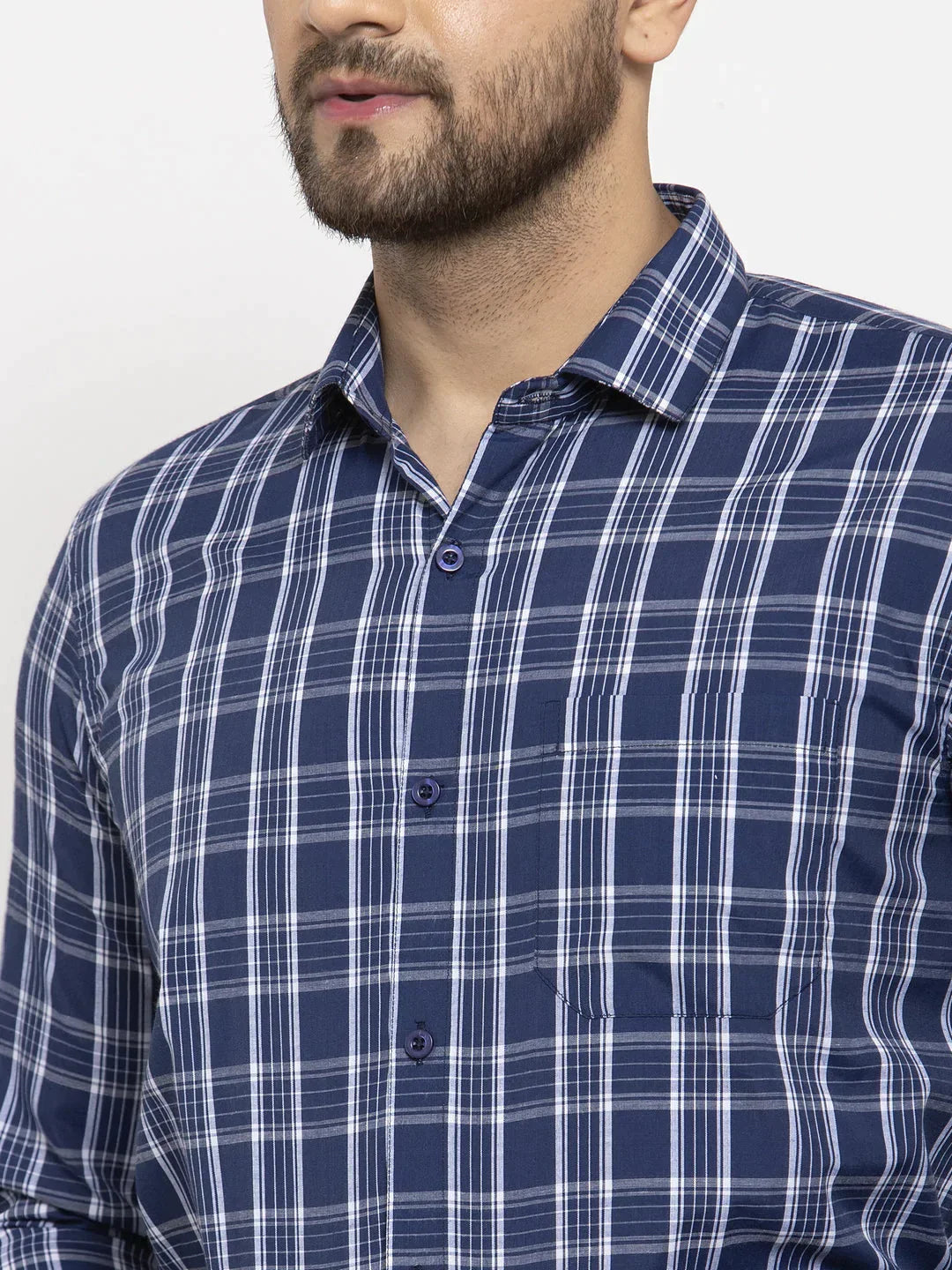 Men's Blue Cotton Checked Formal Shirt's - Taantav