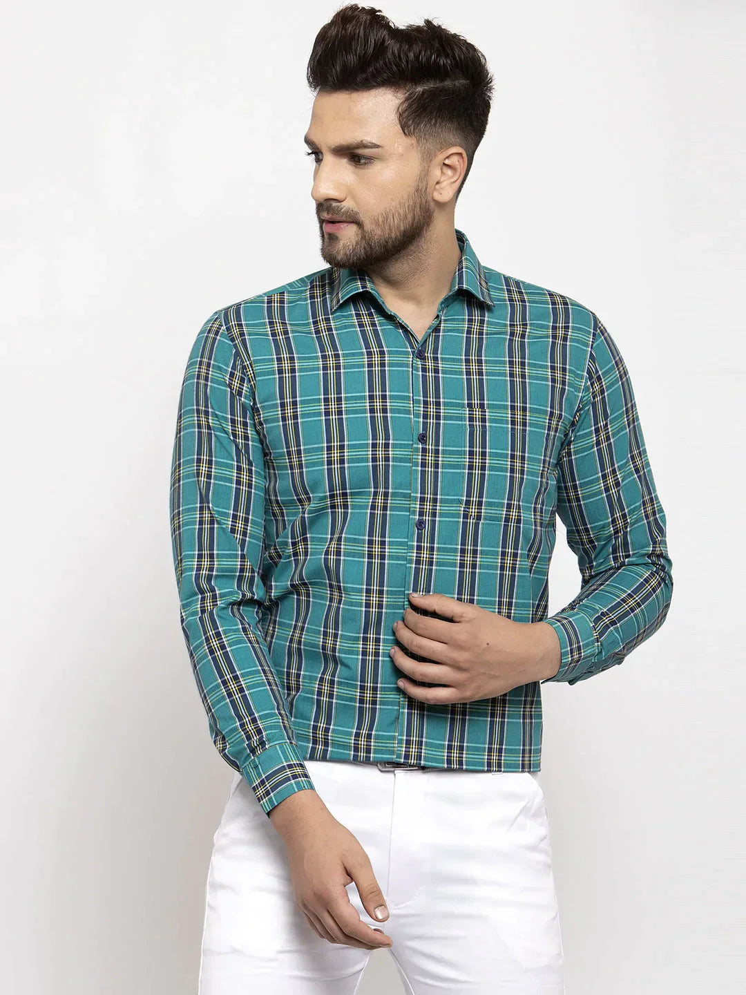 Men's Green Cotton Checked Formal Shirt's - Taantav