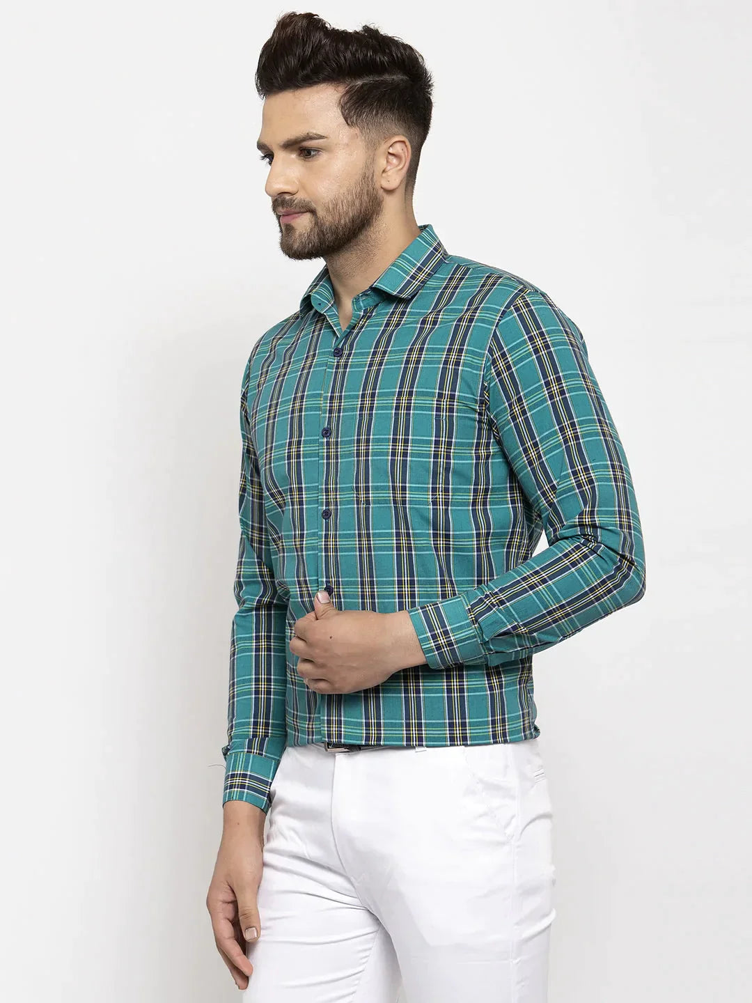 Men's Green Cotton Checked Formal Shirt's - Taantav