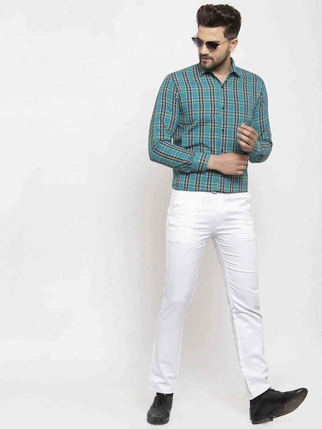 Men's Green Cotton Checked Formal Shirt's - Taantav