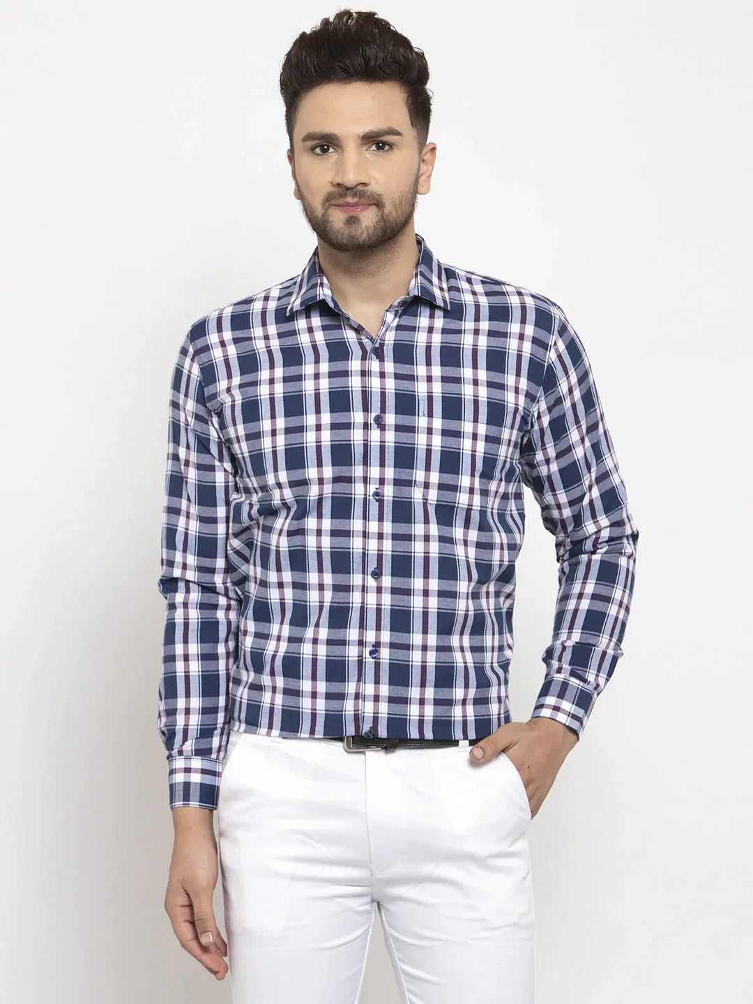 Men's Navy Cotton Checked Formal Shirt's - Taantav