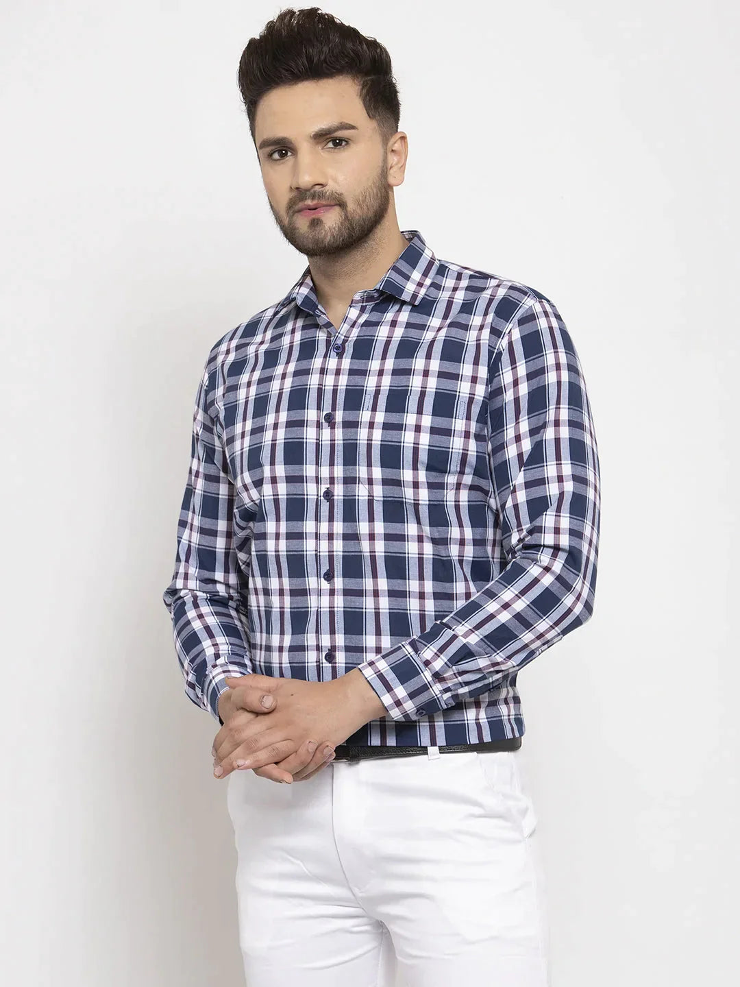 Men's Navy Cotton Checked Formal Shirt's - Taantav