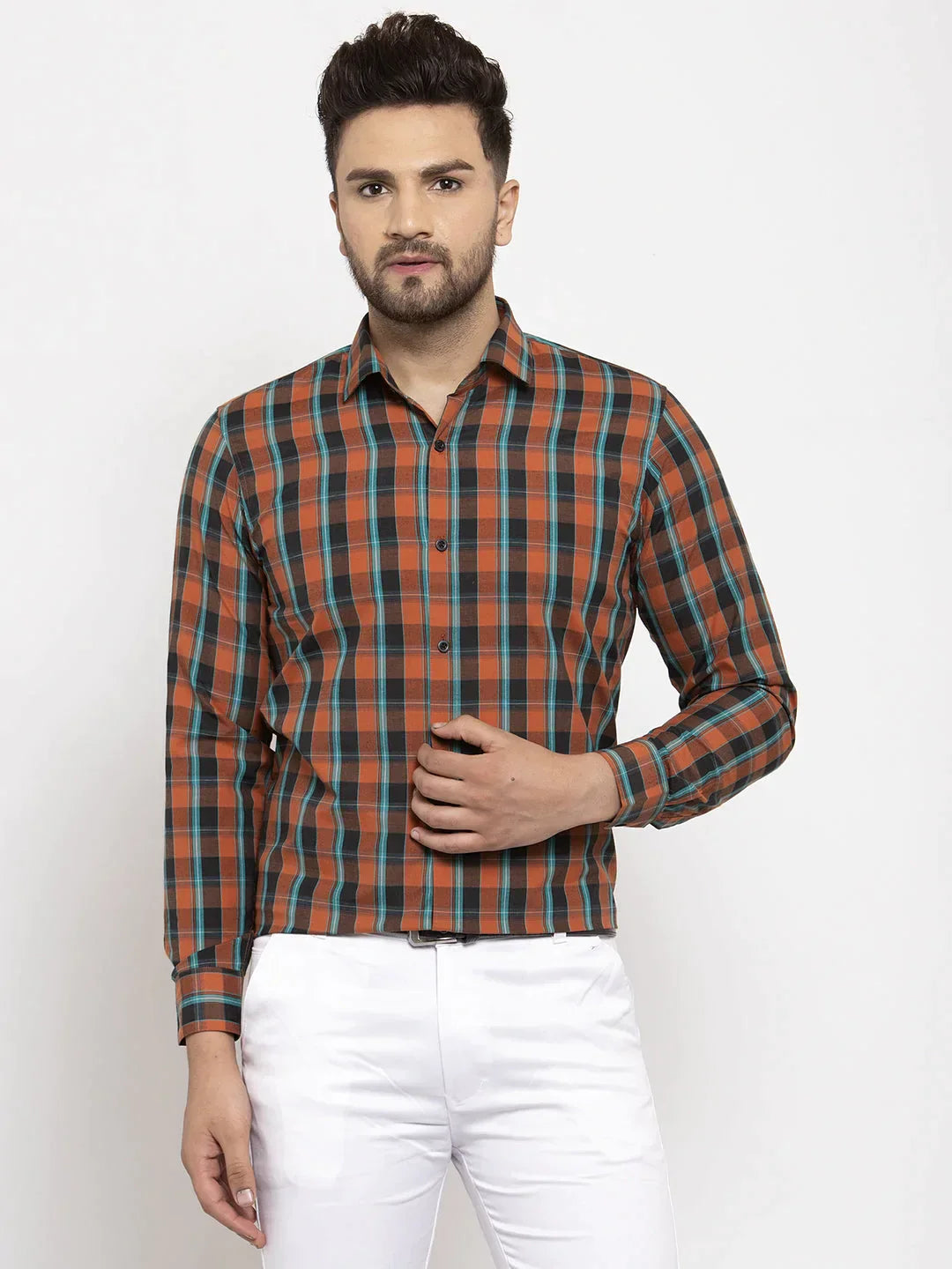 Men's Orange Cotton Checked Formal Shirt's - Taantav