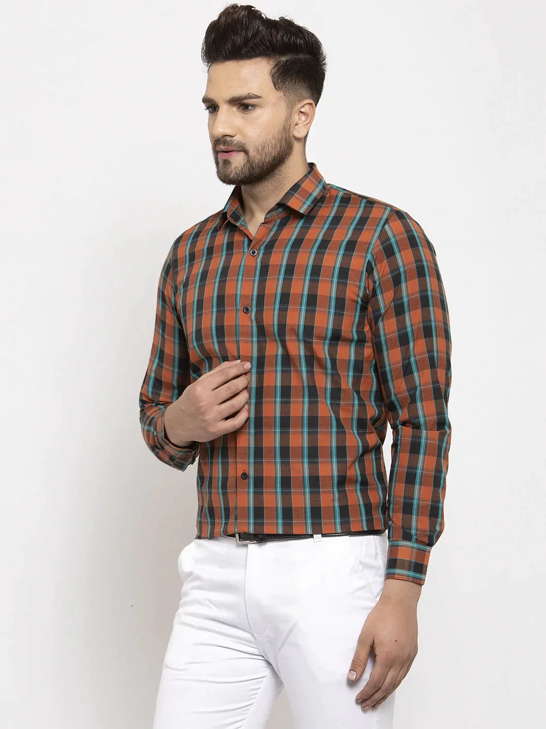 Men's Orange Cotton Checked Formal Shirt's - Taantav