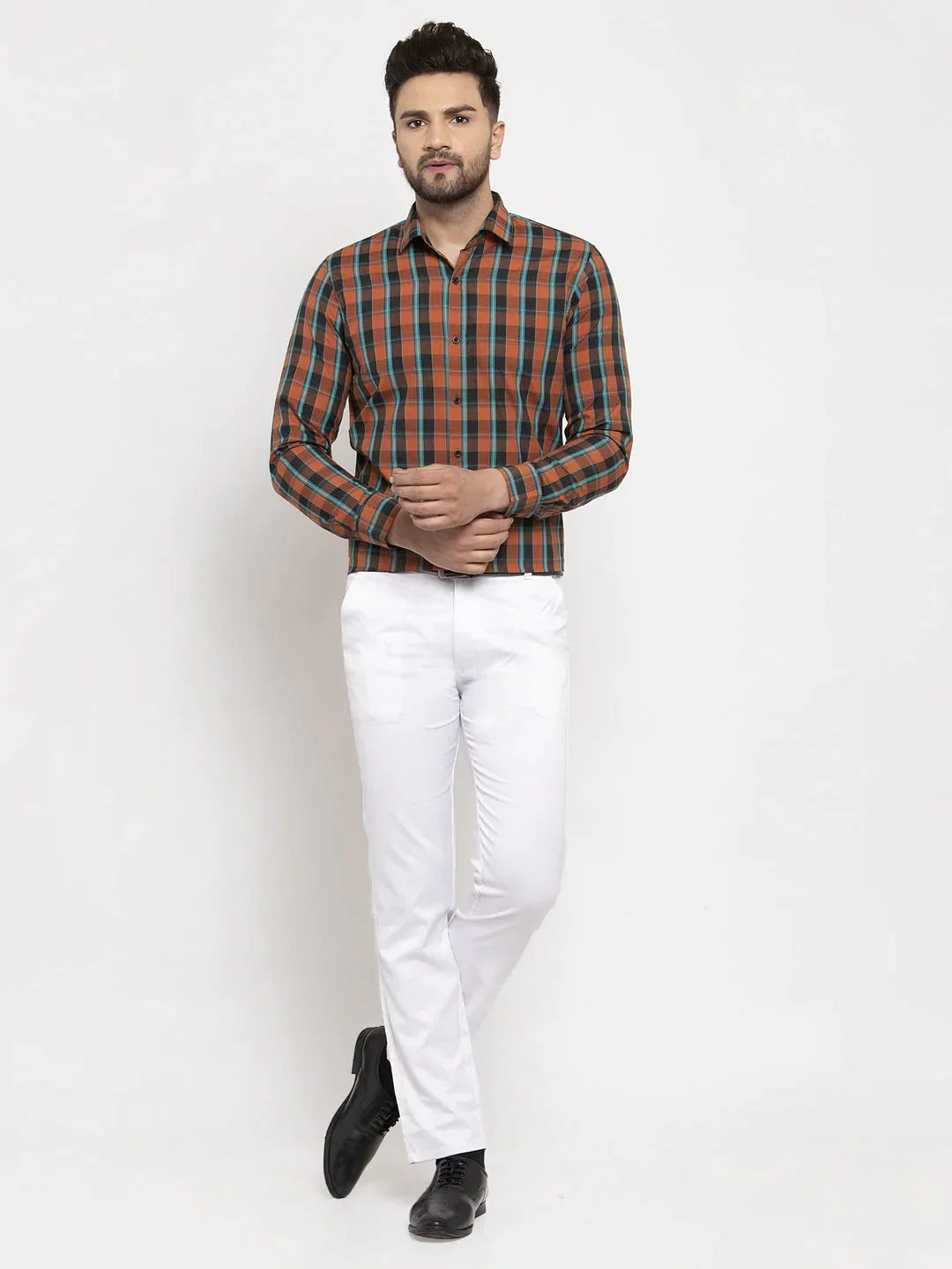 Men's Orange Cotton Checked Formal Shirt's - Taantav