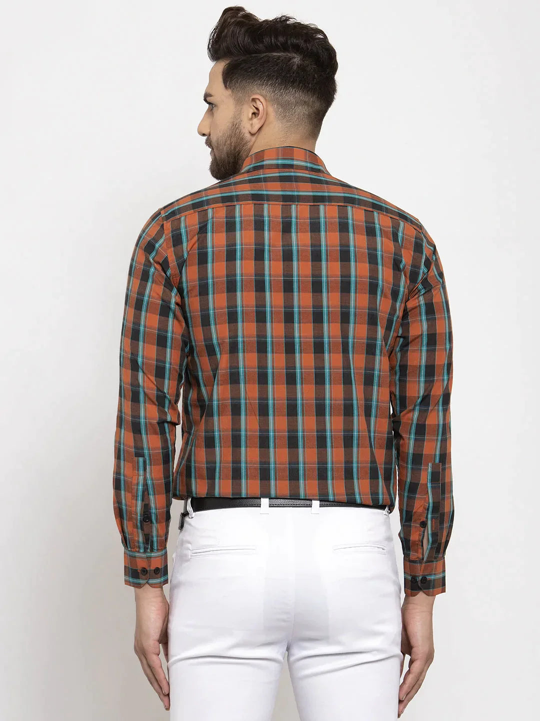 Men's Orange Cotton Checked Formal Shirt's - Taantav