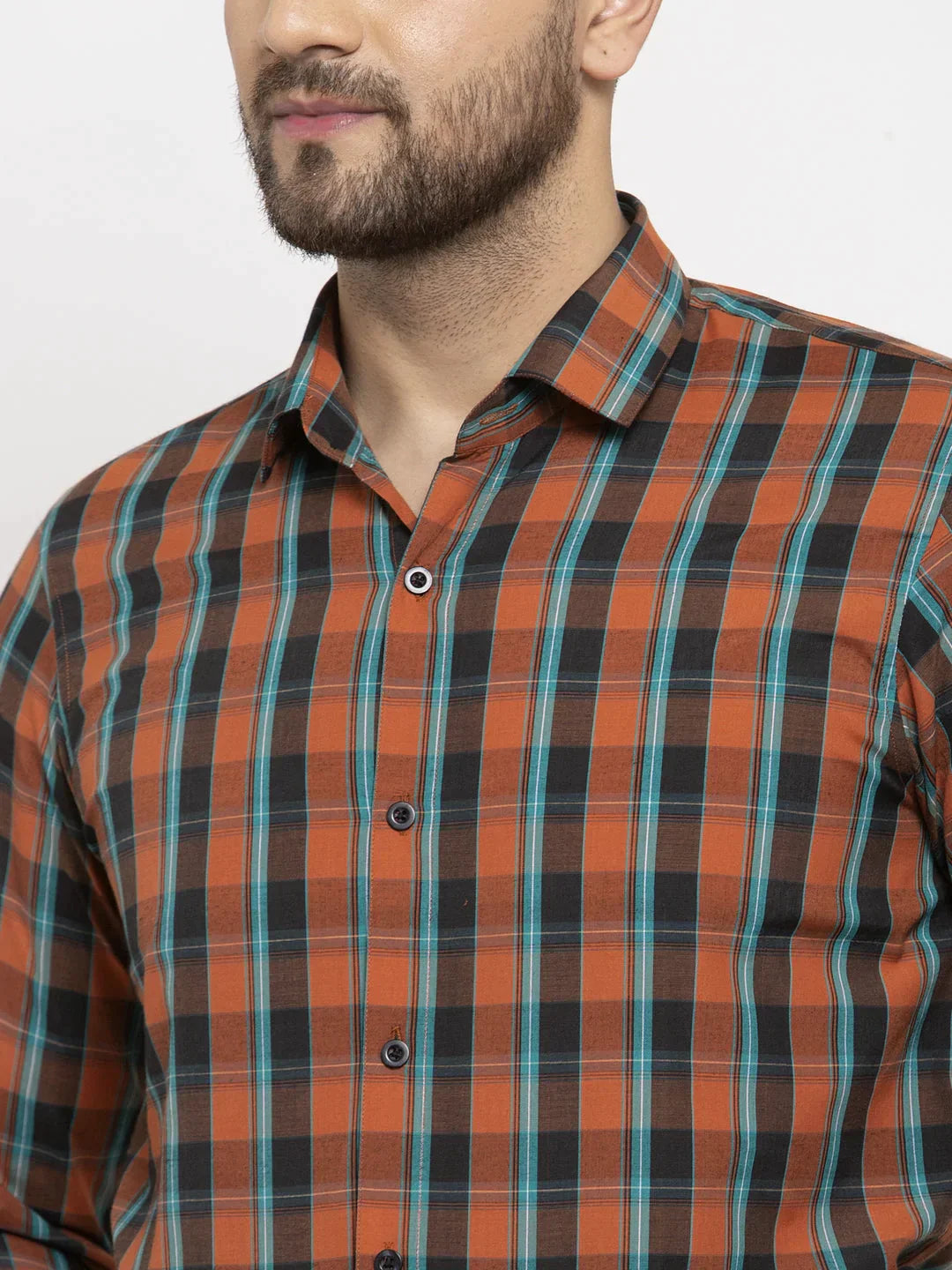 Men's Orange Cotton Checked Formal Shirt's - Taantav