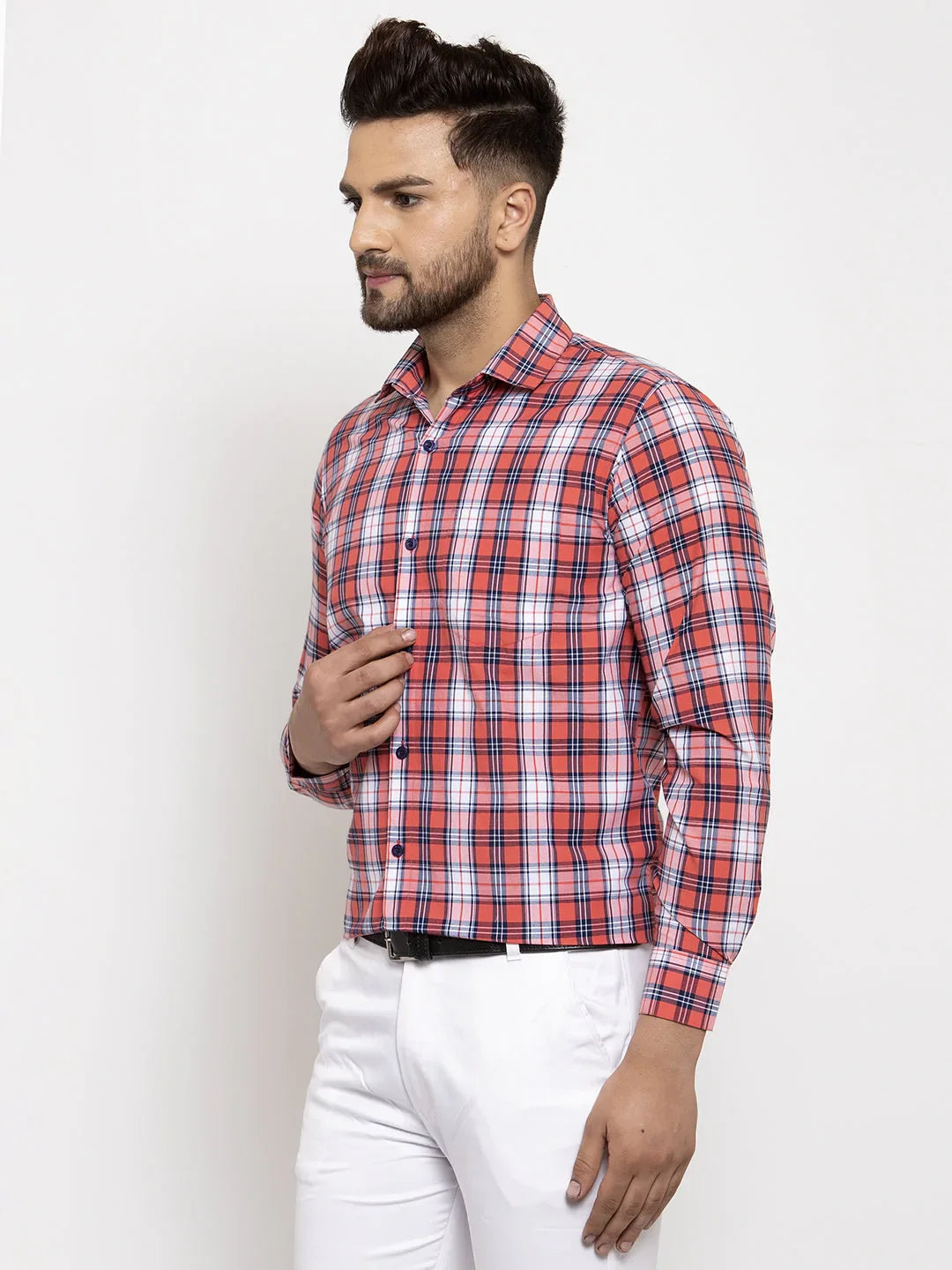 Men's Red Cotton Checked Formal Shirt's - Taantav