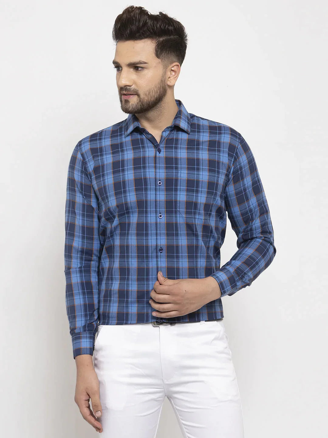 Men's Blue Cotton Checked Formal Shirt's - Taantav