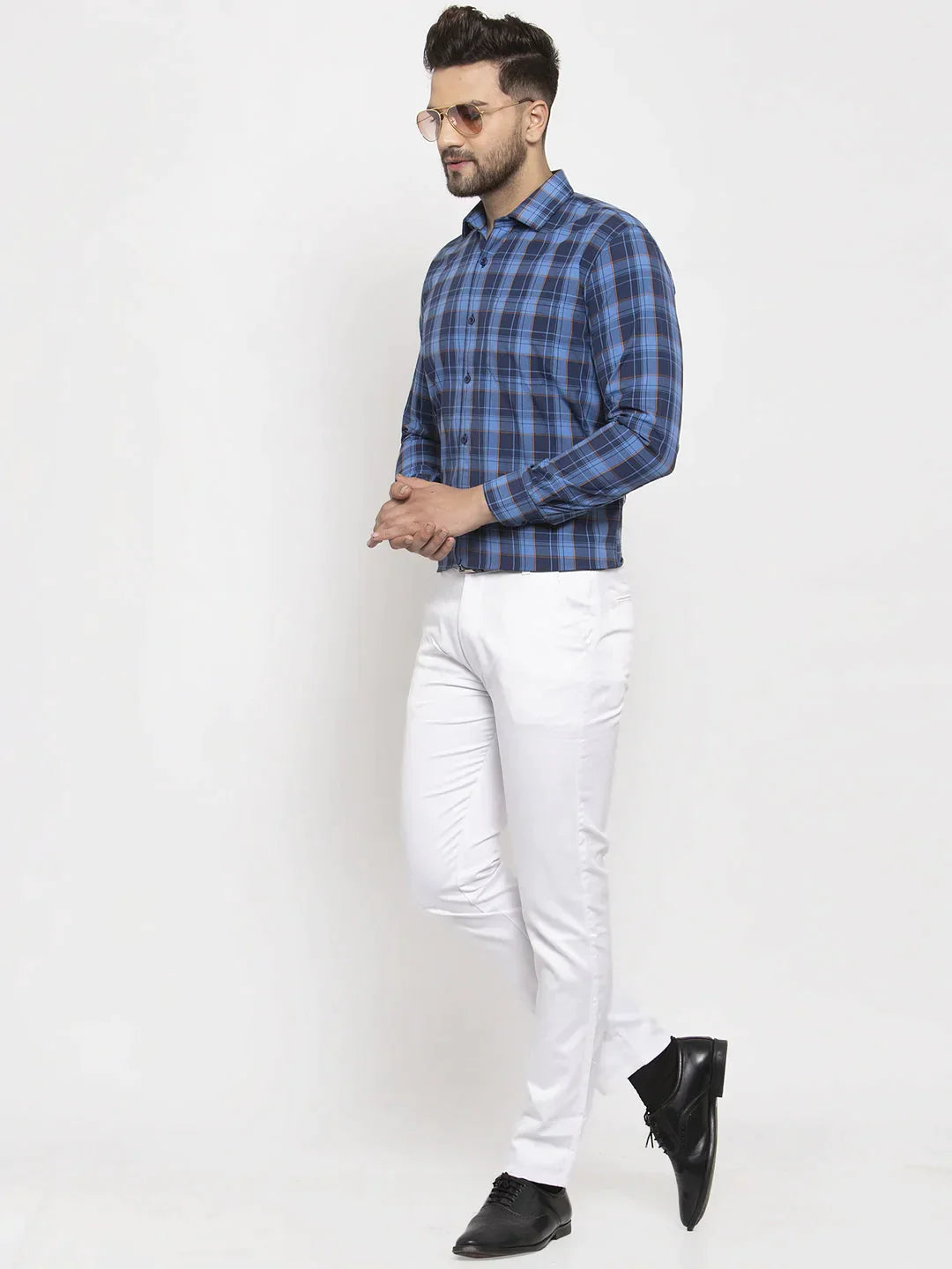 Men's Blue Cotton Checked Formal Shirt's - Taantav